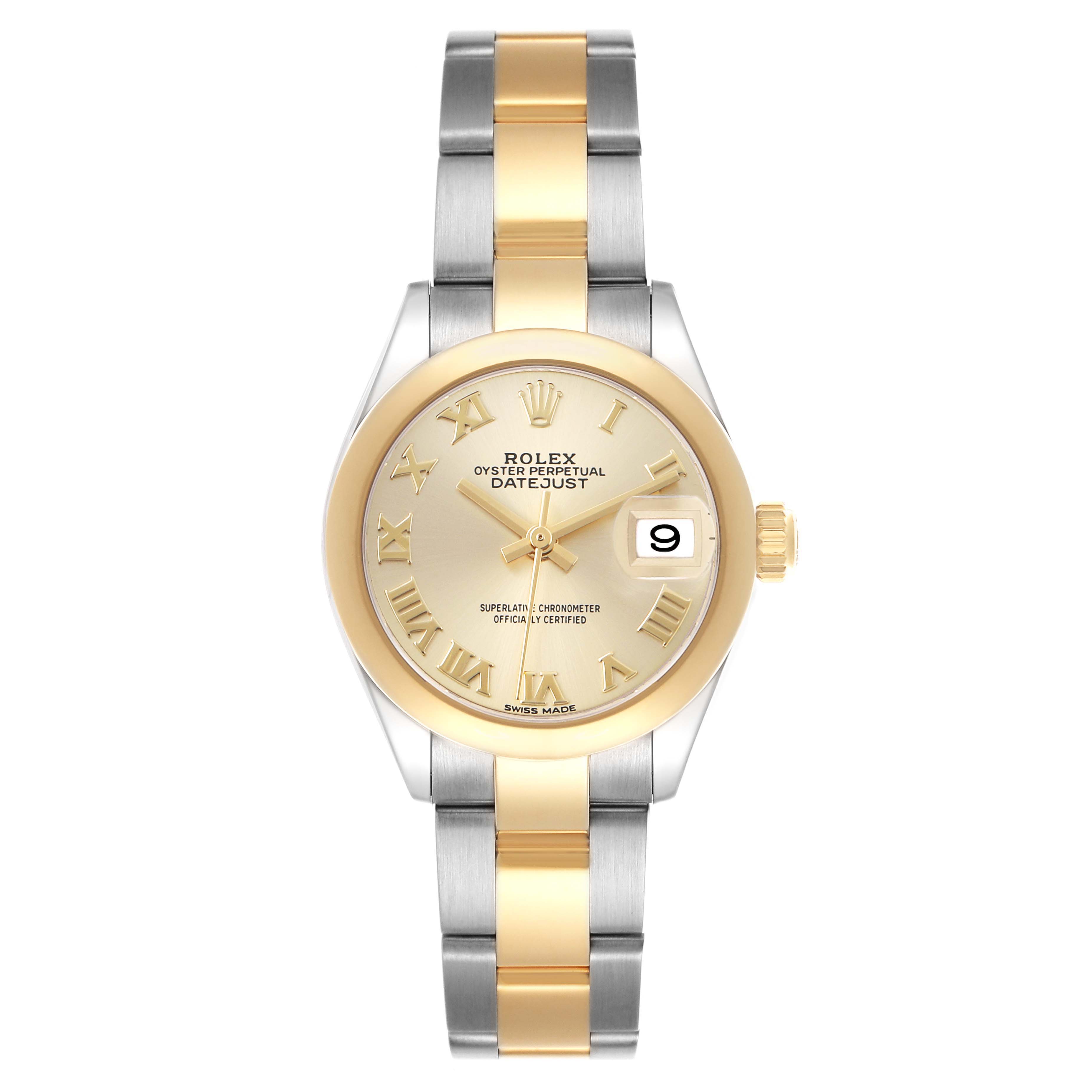 The Rolex Datejust 279163 Women's Steel and Gold (two tone) Champagne Dial watch is shown from a top-down angle, highlighting its face, bezel, and bracelet.
