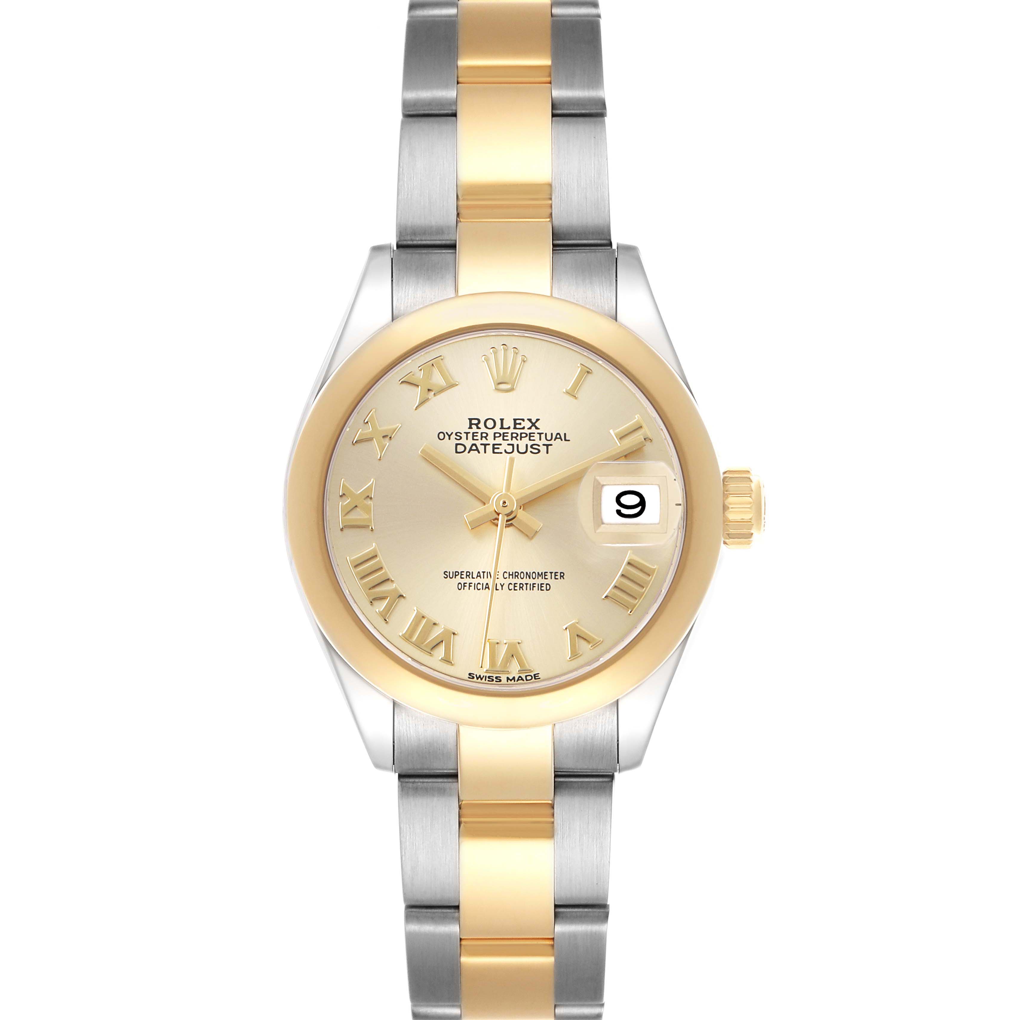 The Rolex Datejust 279163 Women's Steel and Gold (two tone) Champagne Dial watch is shown from the front, highlighting the dial, case, and two-tone bracelet.