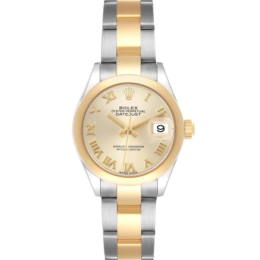 The Rolex Datejust 279163 Women's Steel and Gold (two tone) Champagne Dial watch is shown from the front, highlighting the dial, case, and two-tone bracelet.