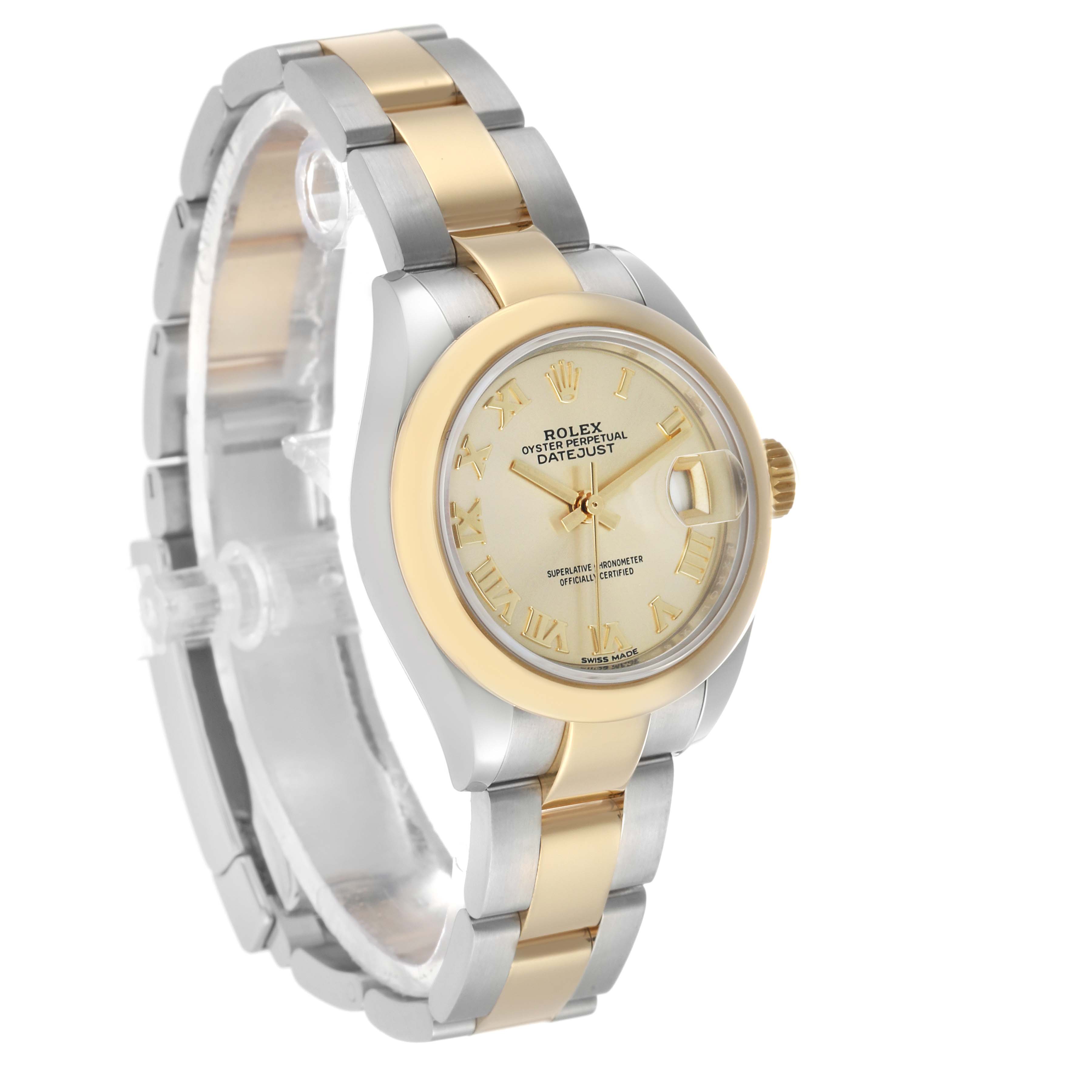 The Rolex Datejust 279163 Women's Steel and Gold (two tone) Champagne Dial watch is shown at a three-quarter angle, highlighting the dial, bezel, crown, and bracelet.