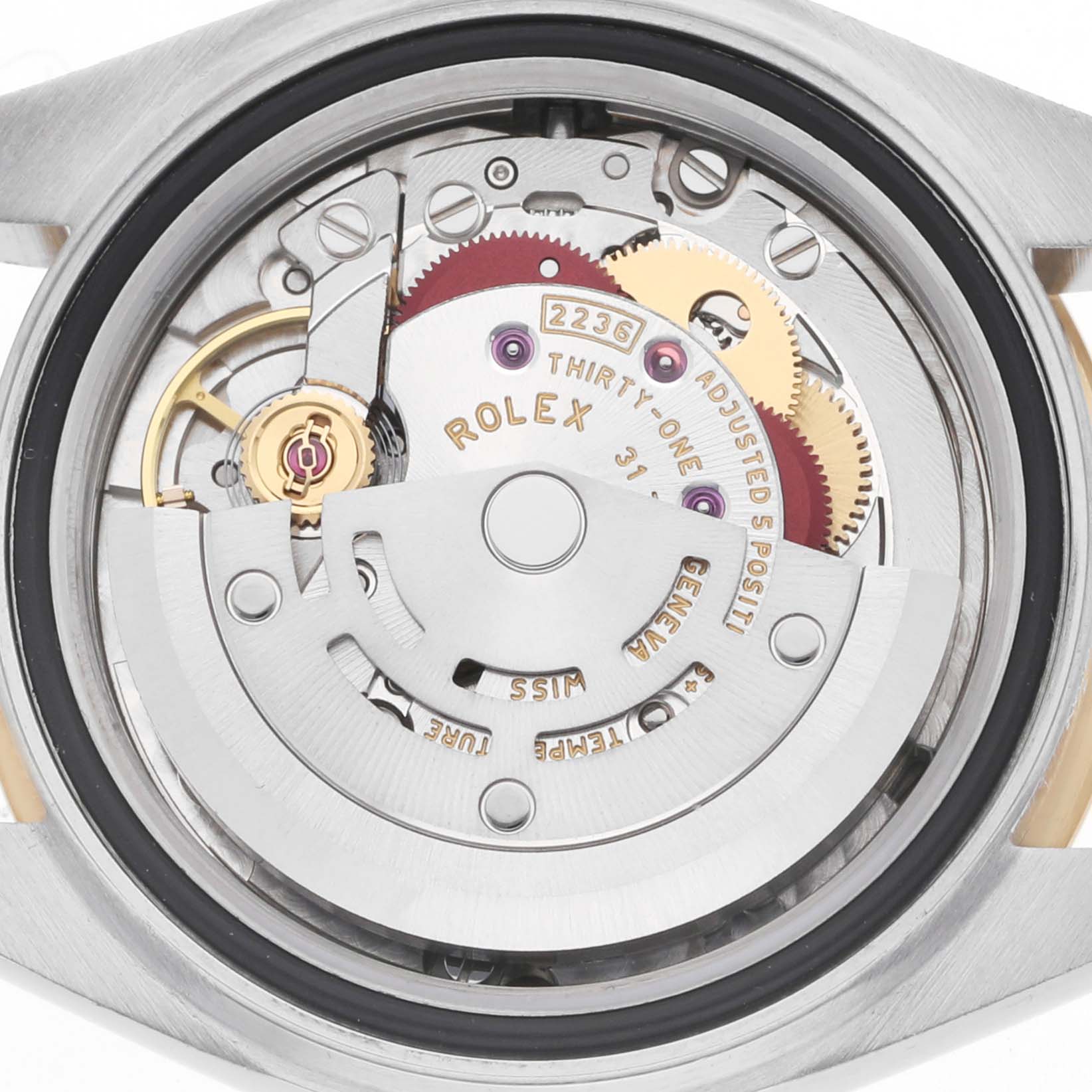 The image shows the movement parts of a Rolex Datejust 279163 Women's Steel and Gold (two tone) Champagne Dial watch from a rear angle.