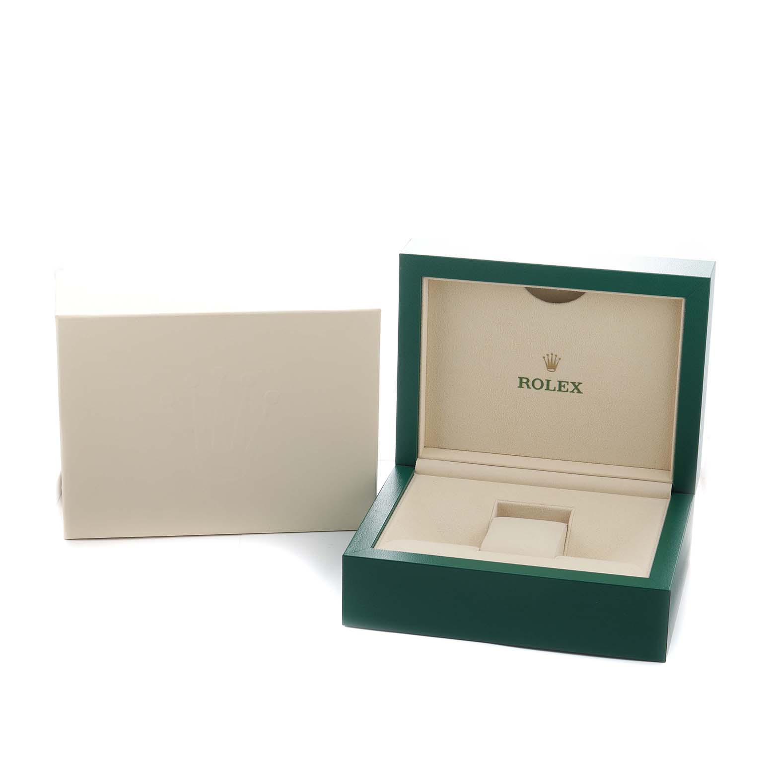 The image shows an open Rolex Datejust 279163 Women's Steel and Gold (two tone) Champagne Dial watch box at an angle, highlighting its interior and exterior.