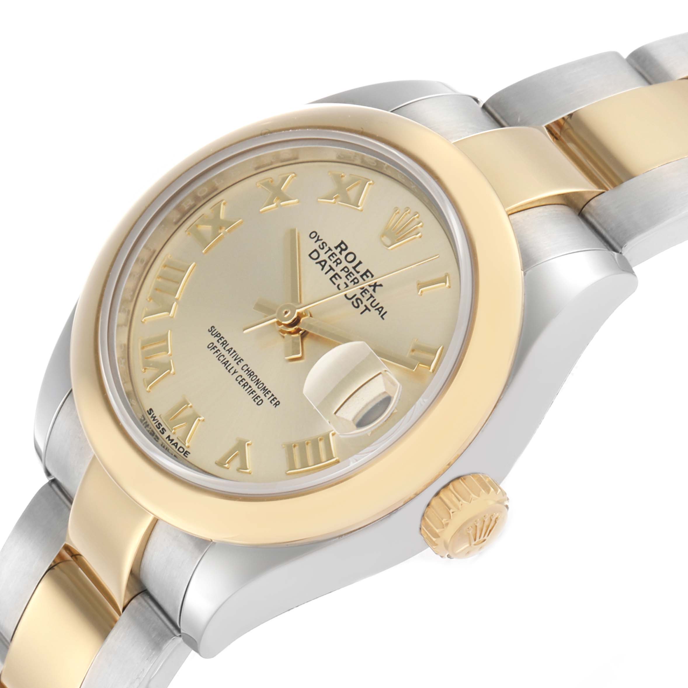 The Rolex Datejust 279163 Women's Steel and Gold (two tone) Champagne Dial watch is shown at a three-quarter angle, featuring the dial, bezel, crown, and part of the bracelet.