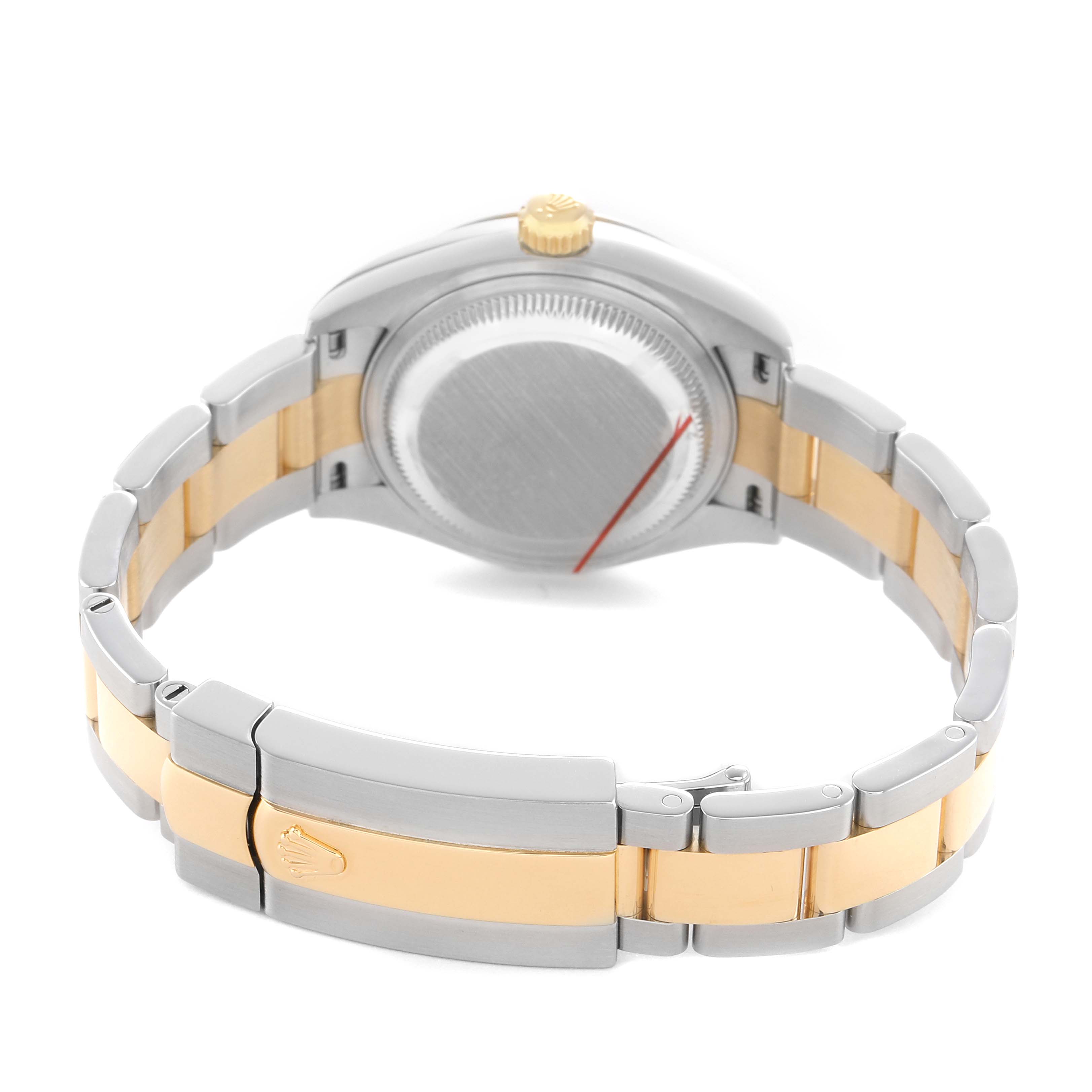 The image shows the back and bracelet of a Rolex Datejust 279163 Women's Steel and Gold (two tone) Champagne Dial, highlighting the case back, crown, and two-tone bracelet.