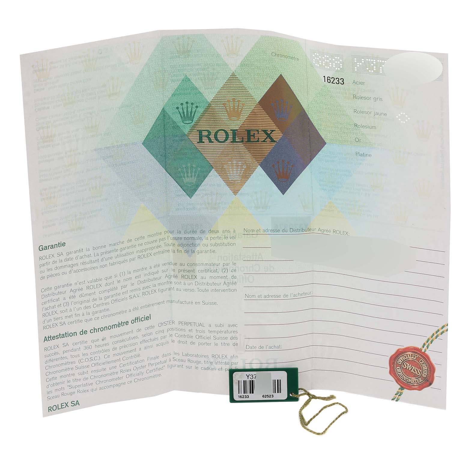 The image shows a warranty certificate and hang tag for a Rolex Datejust 16233 Men's Steel and Gold (two tone) White Dial 16233 Men's Steel and Gold (two tone) White Dial watch model 16233.