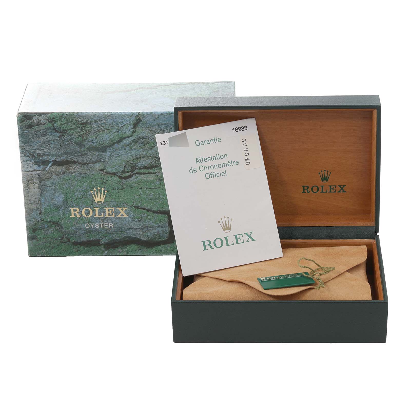 The image shows the Rolex Datejust 16233 Men's Steel and Gold (two tone) White Dial 16233 Men's Steel and Gold (two tone) White Dial packaging, including the box and guarantee card, viewed from the front angle.