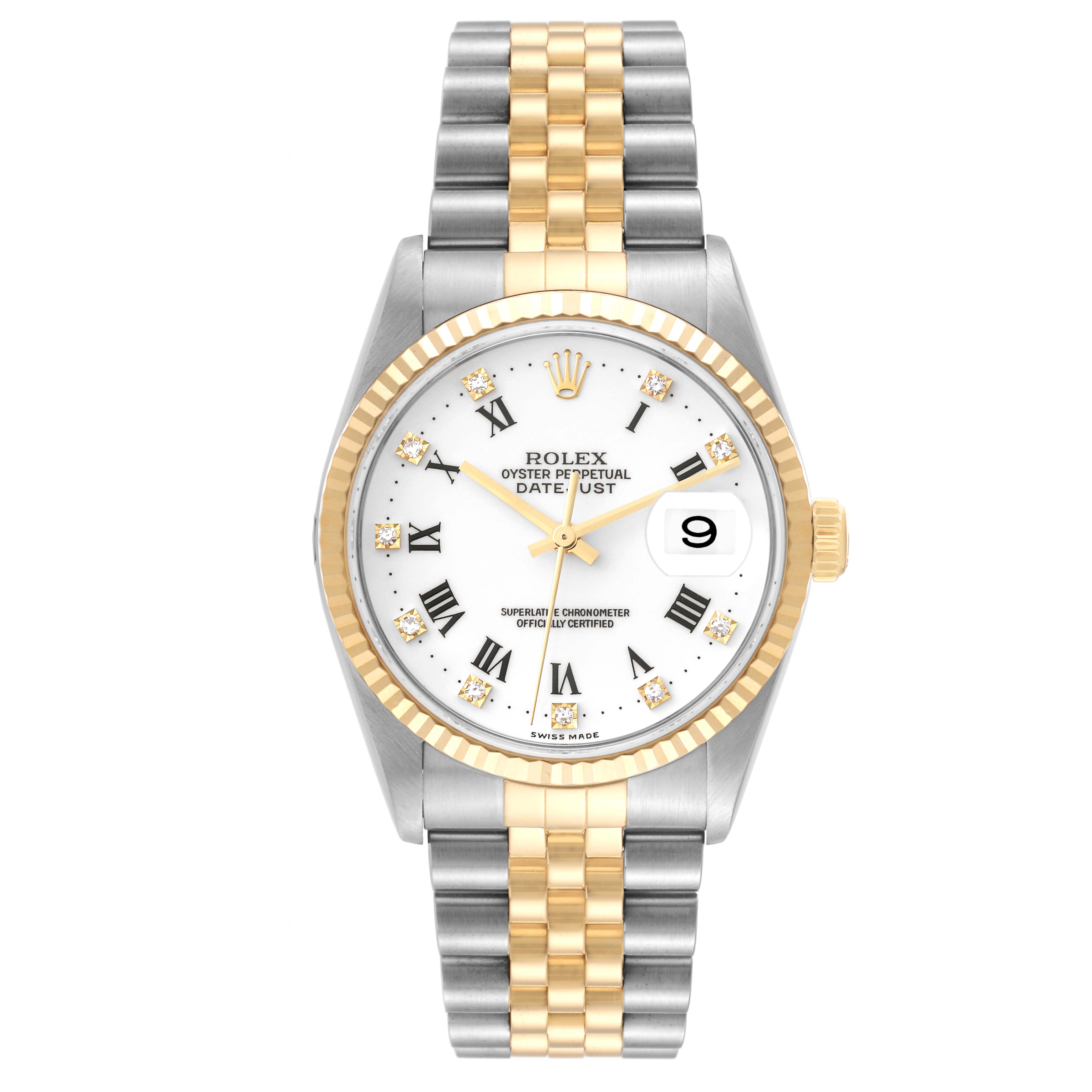 This Rolex Datejust 16233 Men's Steel and Gold (two tone) White Dial 16233 Men's Steel and Gold (two tone) White Dial watch is shown from the front, displaying the full face, bezel, and bracelet.