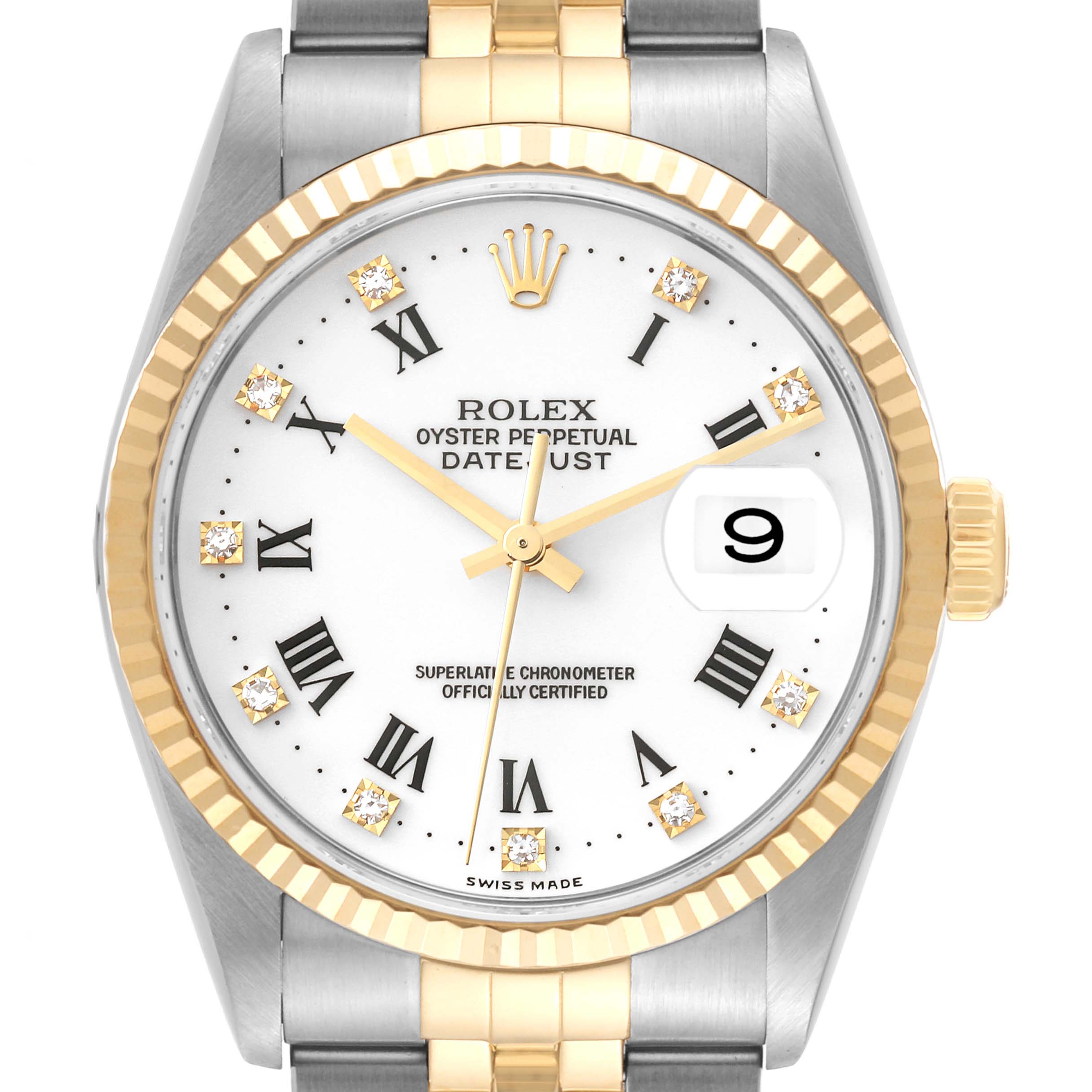 The image shows a Rolex Datejust 16233 Men's Steel and Gold (two tone) White Dial 16233 Men's Steel and Gold (two tone) White Dial watch from a frontal angle, highlighting its dial, bezel, and part of the bracelet.