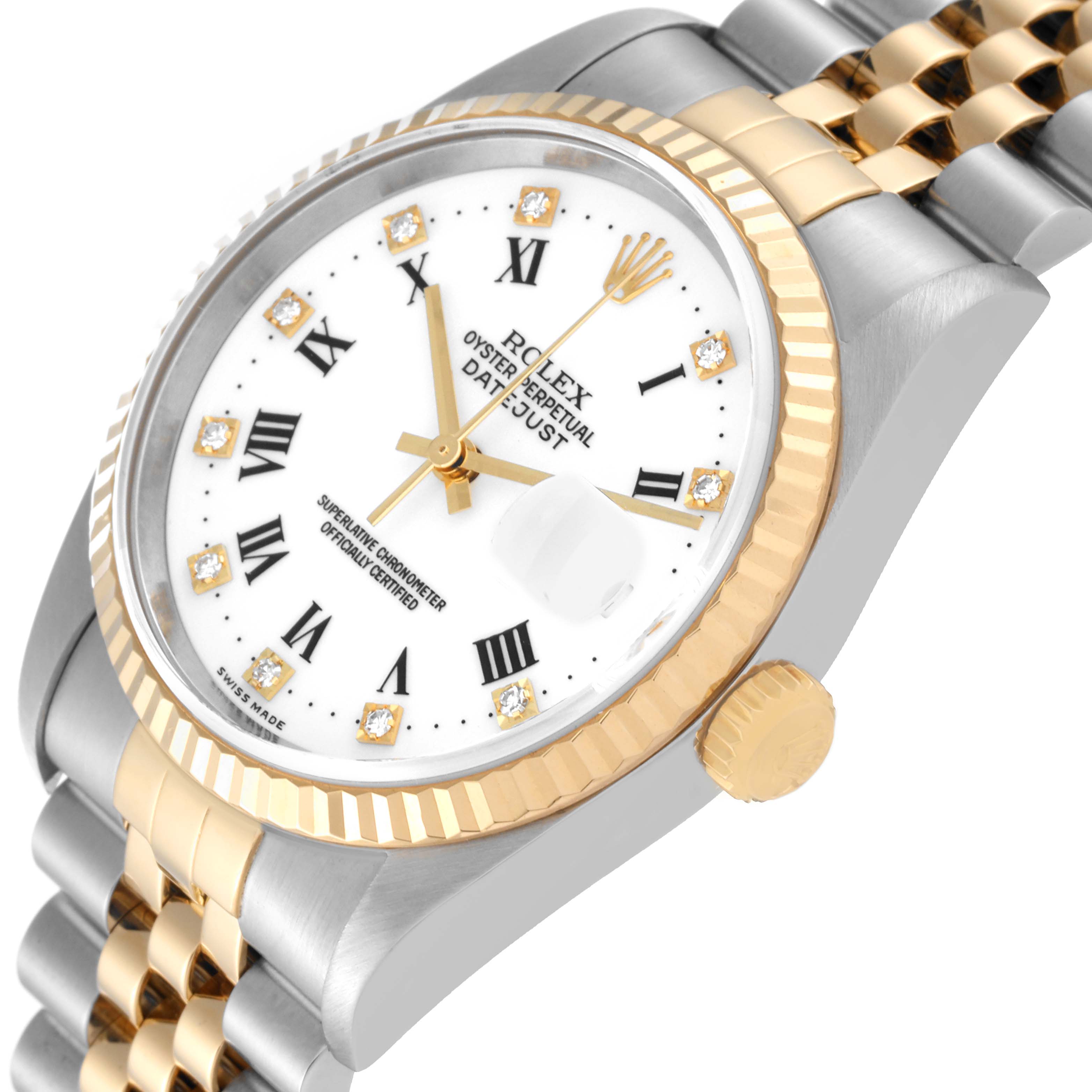 The image shows a Rolex Datejust 16233 Men's Steel and Gold (two tone) White Dial 16233 Men's Steel and Gold (two tone) White Dial watch at a slight angle, featuring the face, bezel, crown, and part of the bracelet.