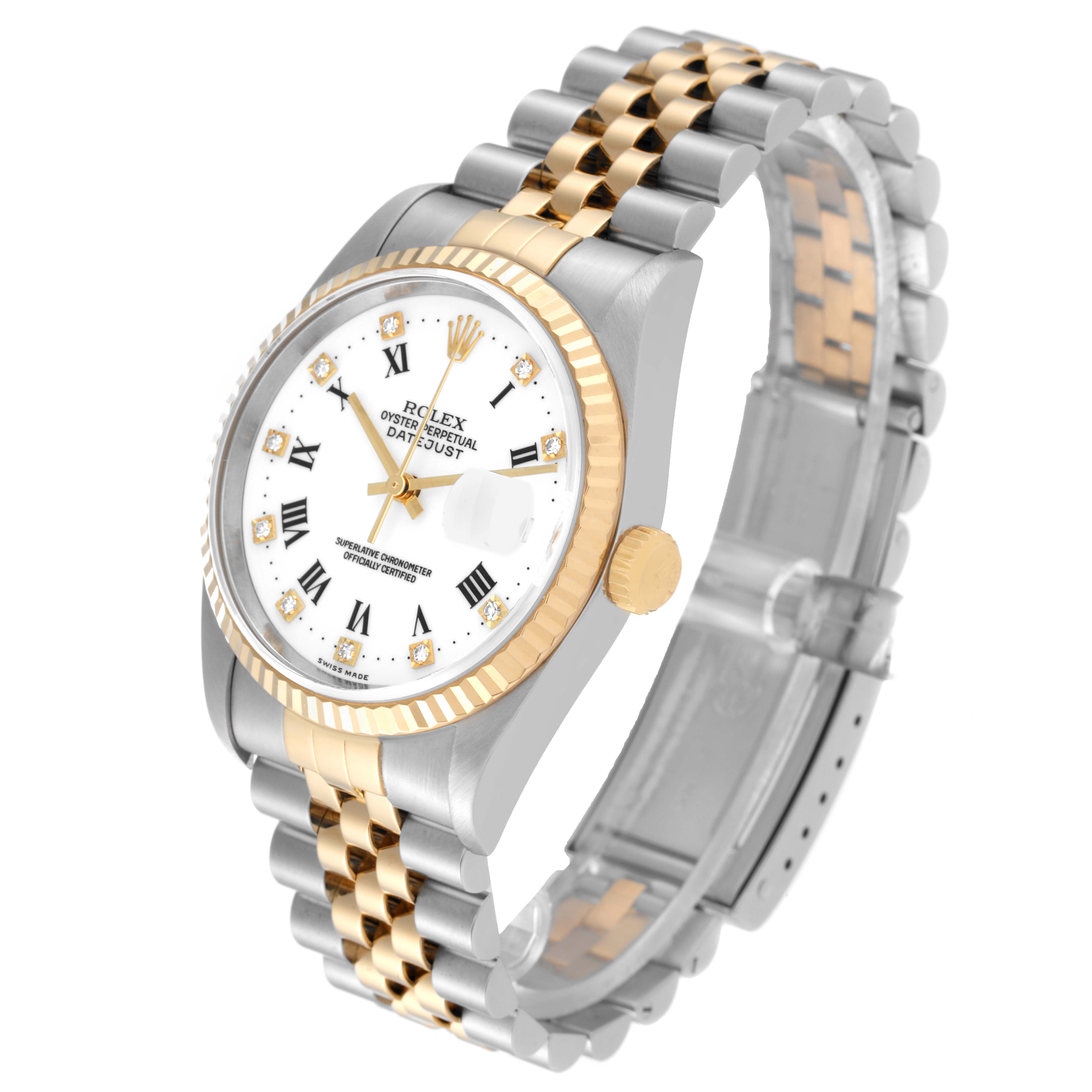 The image shows a Rolex Datejust 16233 Men's Steel and Gold (two tone) White Dial 16233 Men's Steel and Gold (two tone) White Dial watch at an angled side view, displaying its face, bezel, and bicolored bracelet.