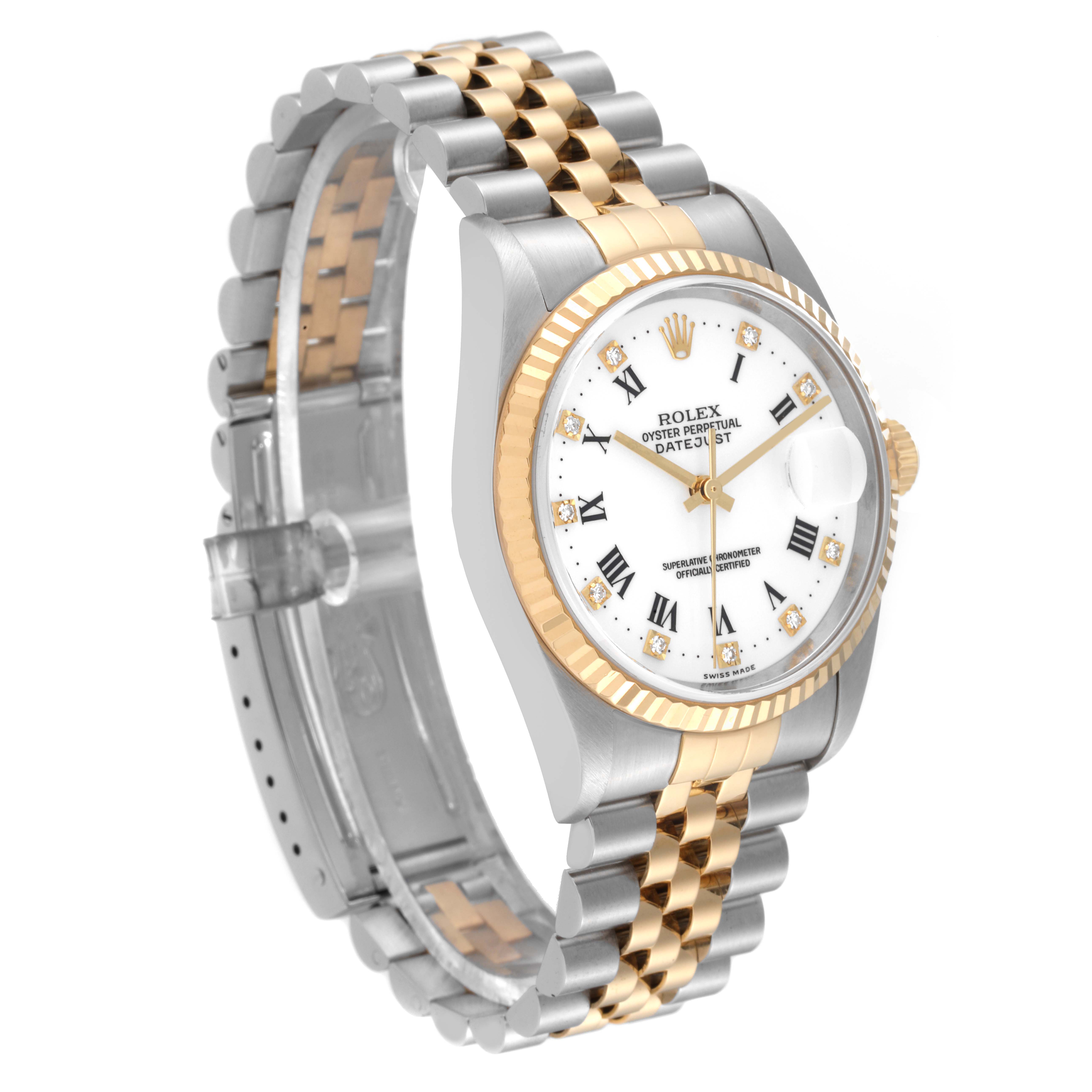 The Rolex Datejust 16233 Men's Steel and Gold (two tone) White Dial 16233 Men's Steel and Gold (two tone) White Dial watch is shown at a side angle, displaying the bezel, dial, crown, and two-tone bracelet.