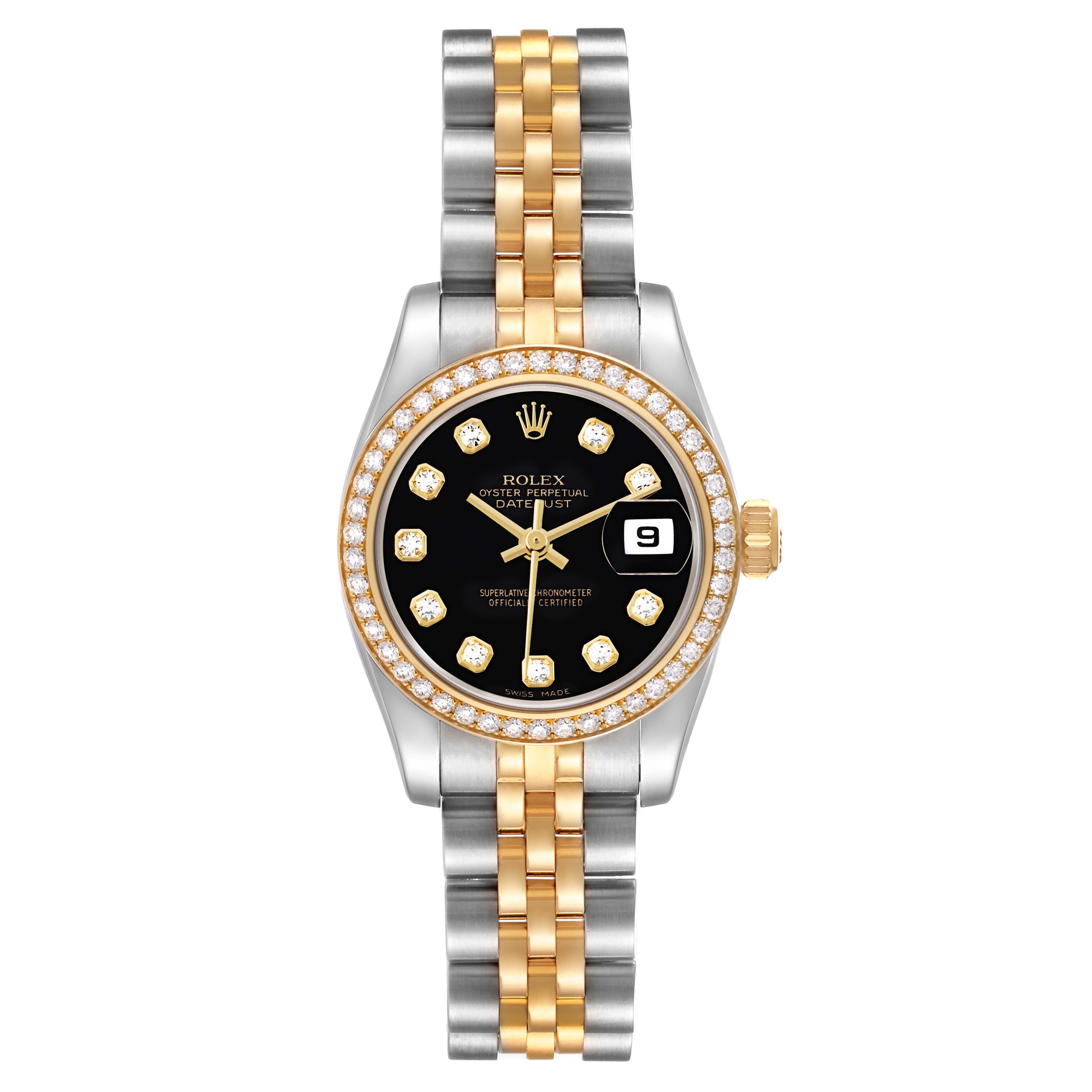 The Rolex Datejust 179383 Women's Steel and Gold (two tone) Black Dial watch is shown from the front, displaying the dial, bezel, and bracelet.