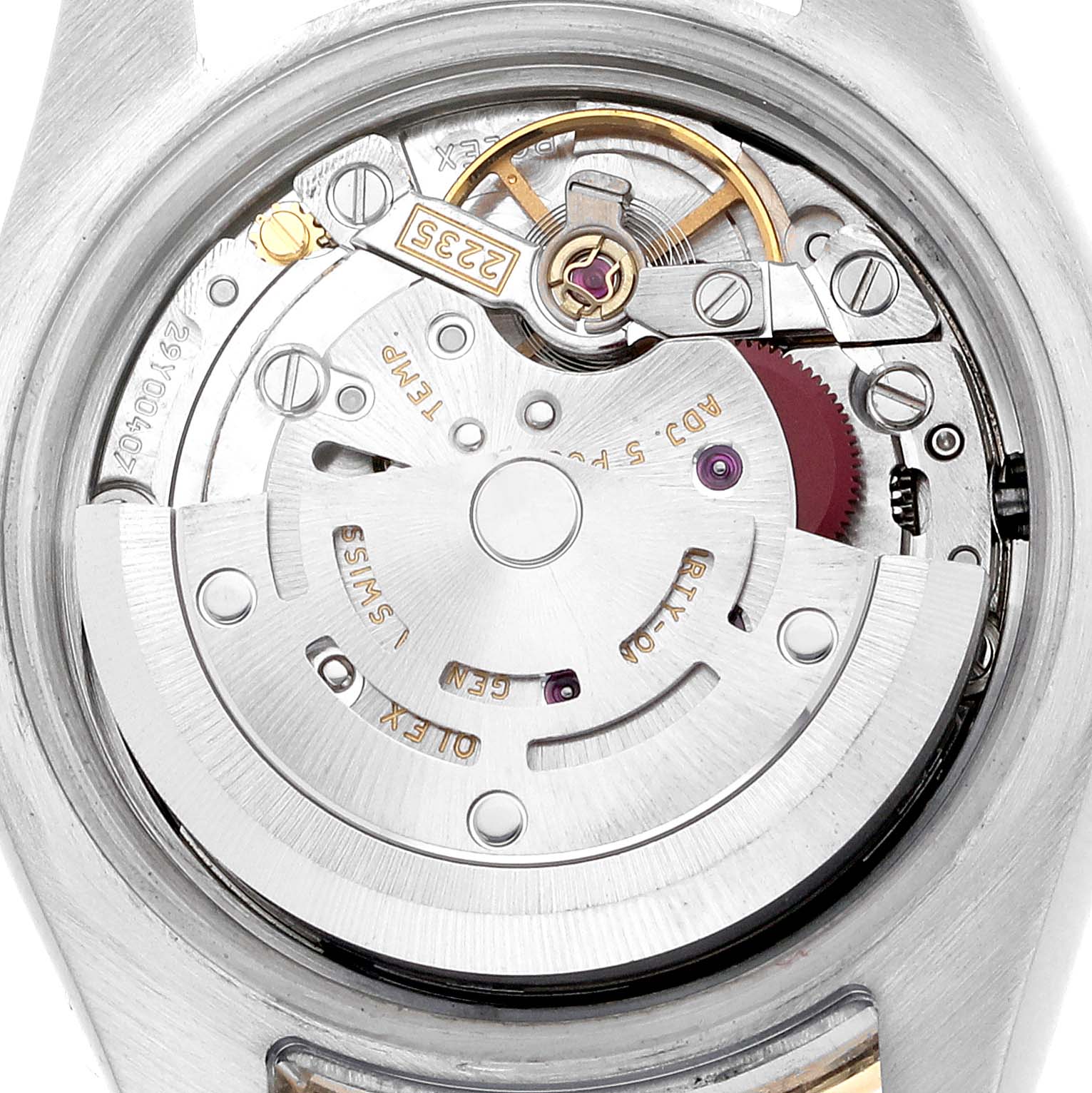 The image shows the movement of a Rolex Datejust 179383 Women's Steel and Gold (two tone) Black Dial watch from the back, highlighting its intricate mechanisms.