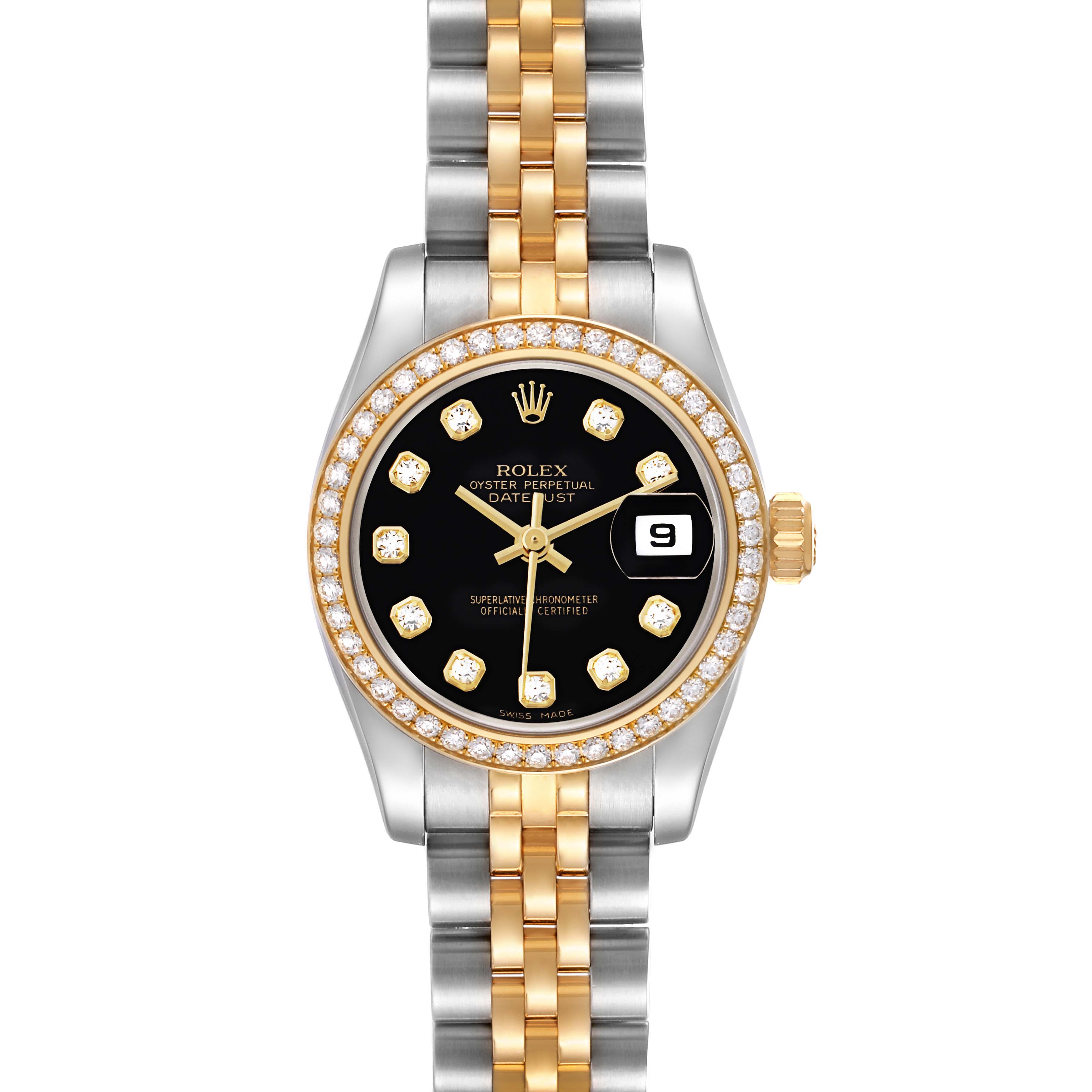 The Rolex Datejust 179383 Women's Steel and Gold (two tone) Black Dial watch is shown from a top-down angle, displaying the face, diamond hour markers, bezel, and bracelet.