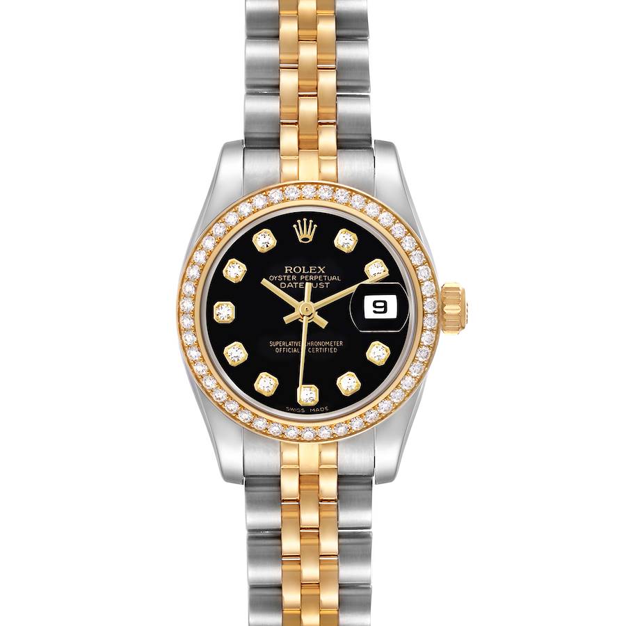 The Rolex Datejust 179383 Women's Steel and Gold (two tone) Black Dial watch is shown from a top-down angle, displaying the face, diamond hour markers, bezel, and bracelet.