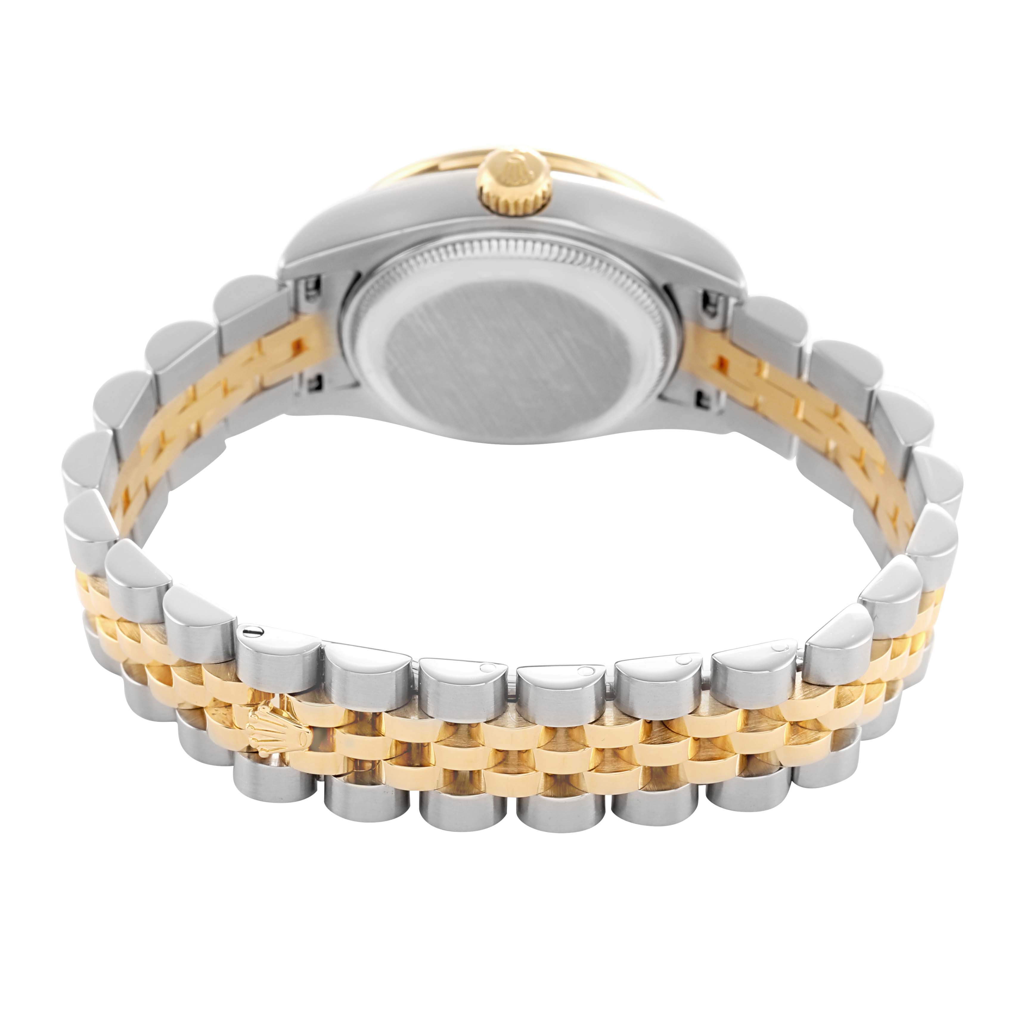 The image shows the back of the Rolex Datejust 179383 Women's Steel and Gold (two tone) Black Dial watch, highlighting the case back, bracelet, and crown.