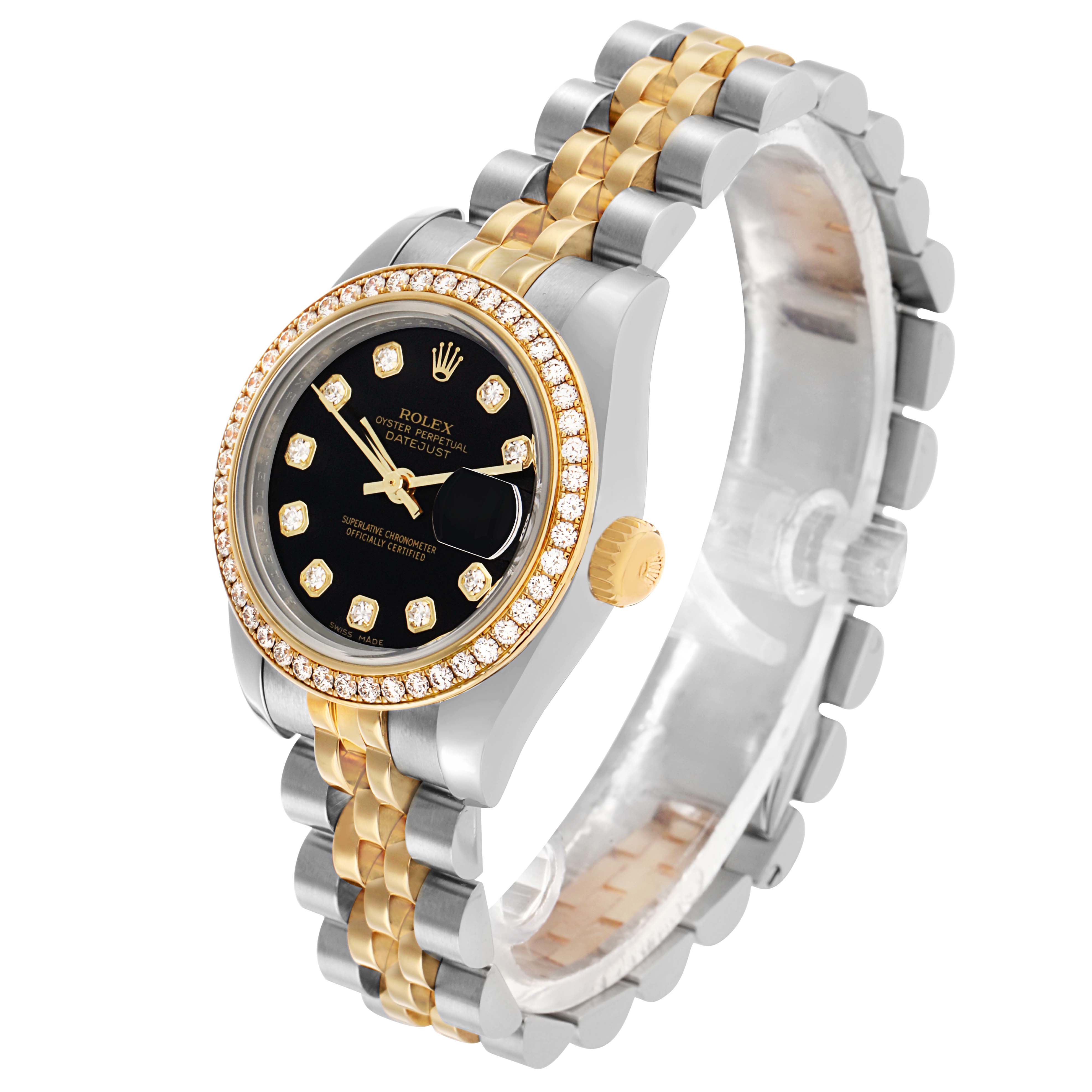 The Rolex Datejust 179383 Women's Steel and Gold (two tone) Black Dial is shown at a slight angle, highlighting the face, bezel, crown, and two-tone bracelet.