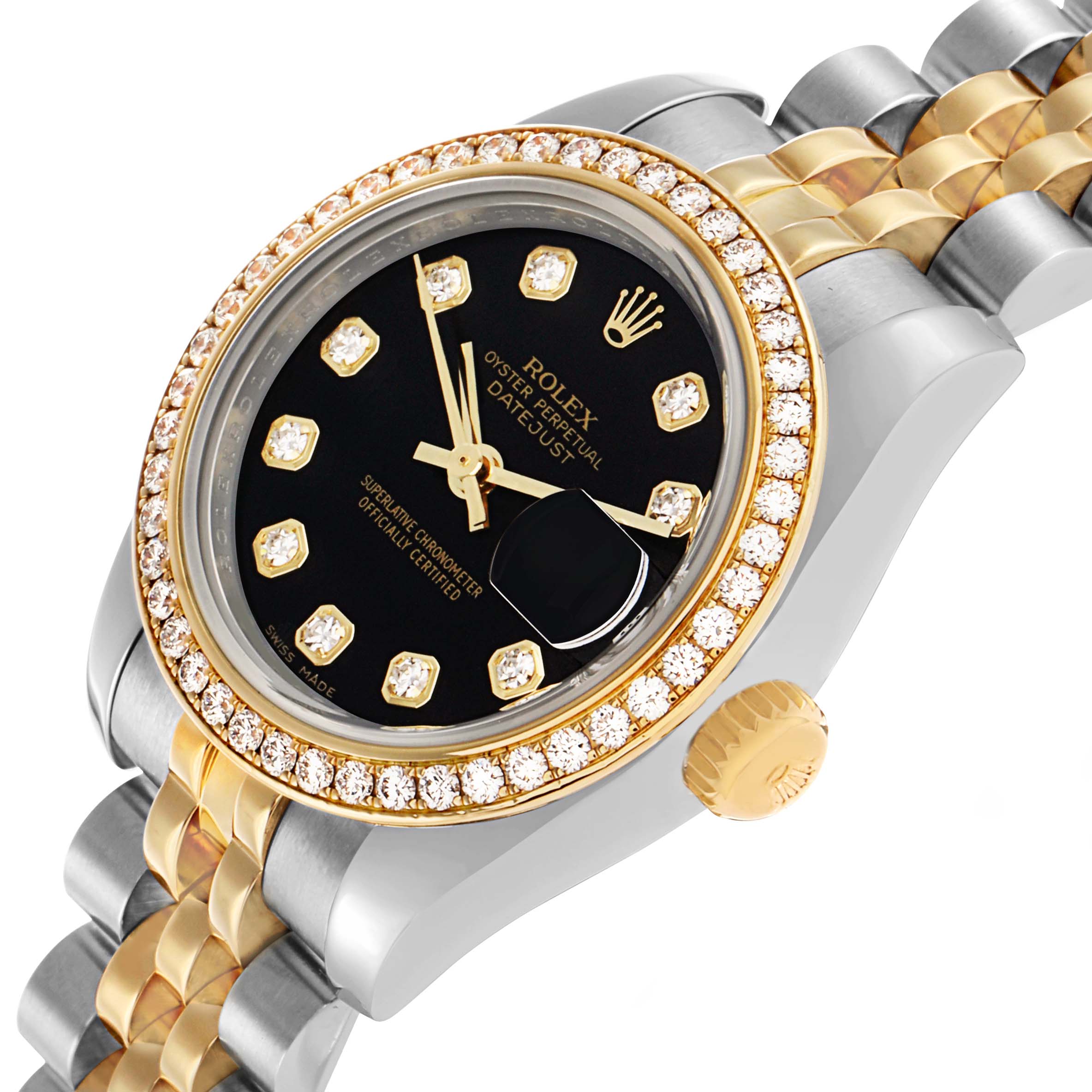The Rolex Datejust 179383 Women's Steel and Gold (two tone) Black Dial watch is shown at an angled side view, displaying the bezel, dial, crown, and part of the bracelet.
