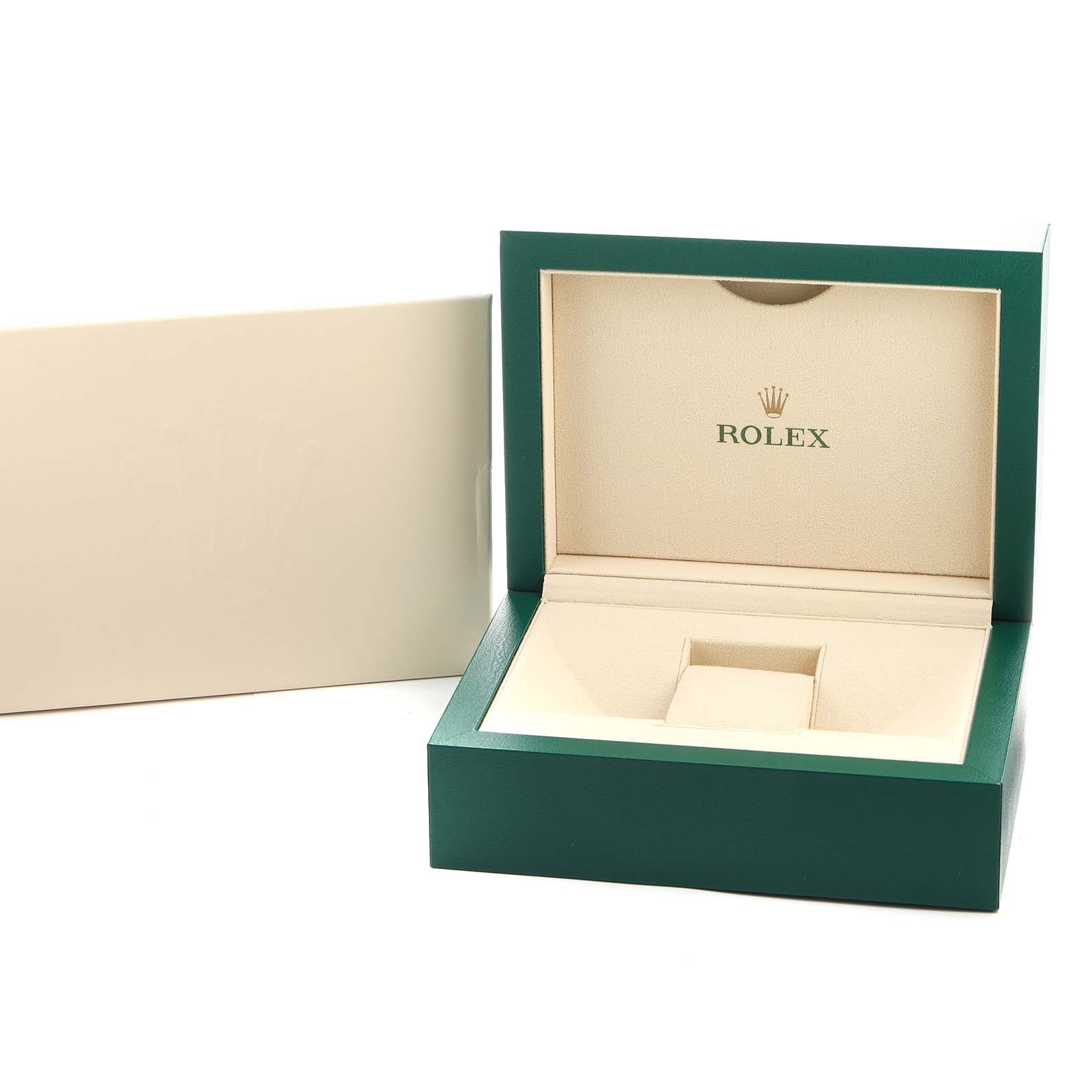 The image shows an open green and beige Rolex watch box for the Datejust model, viewed from the front at an angle.