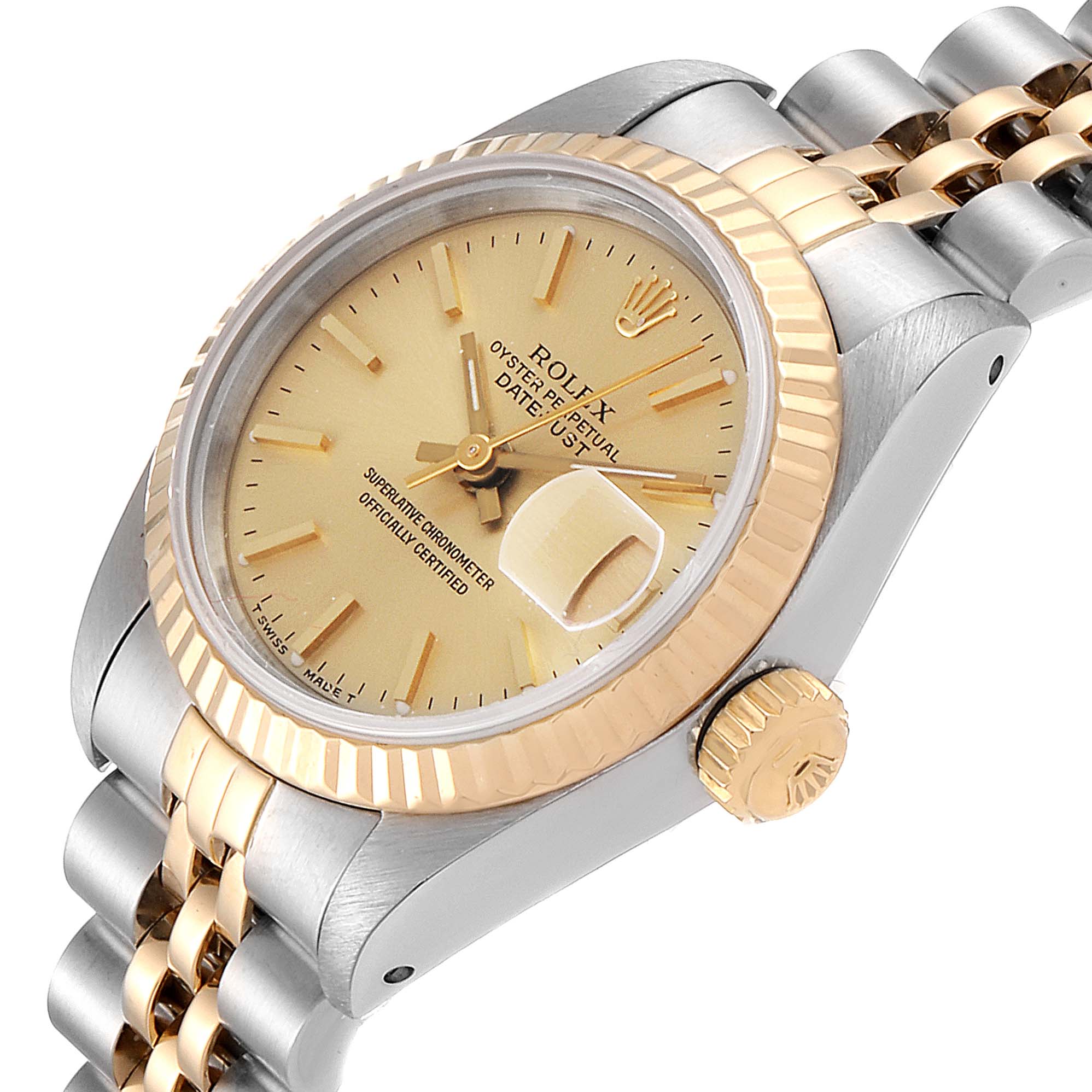 The Rolex Datejust 69173 Women's Steel and Gold (two tone) Champagne Dial 69173 Women's Steel and Gold (two tone) Champagne Dial watch is shown at an angled view highlighting the dial, bezel, crown, and part of the bracelet.