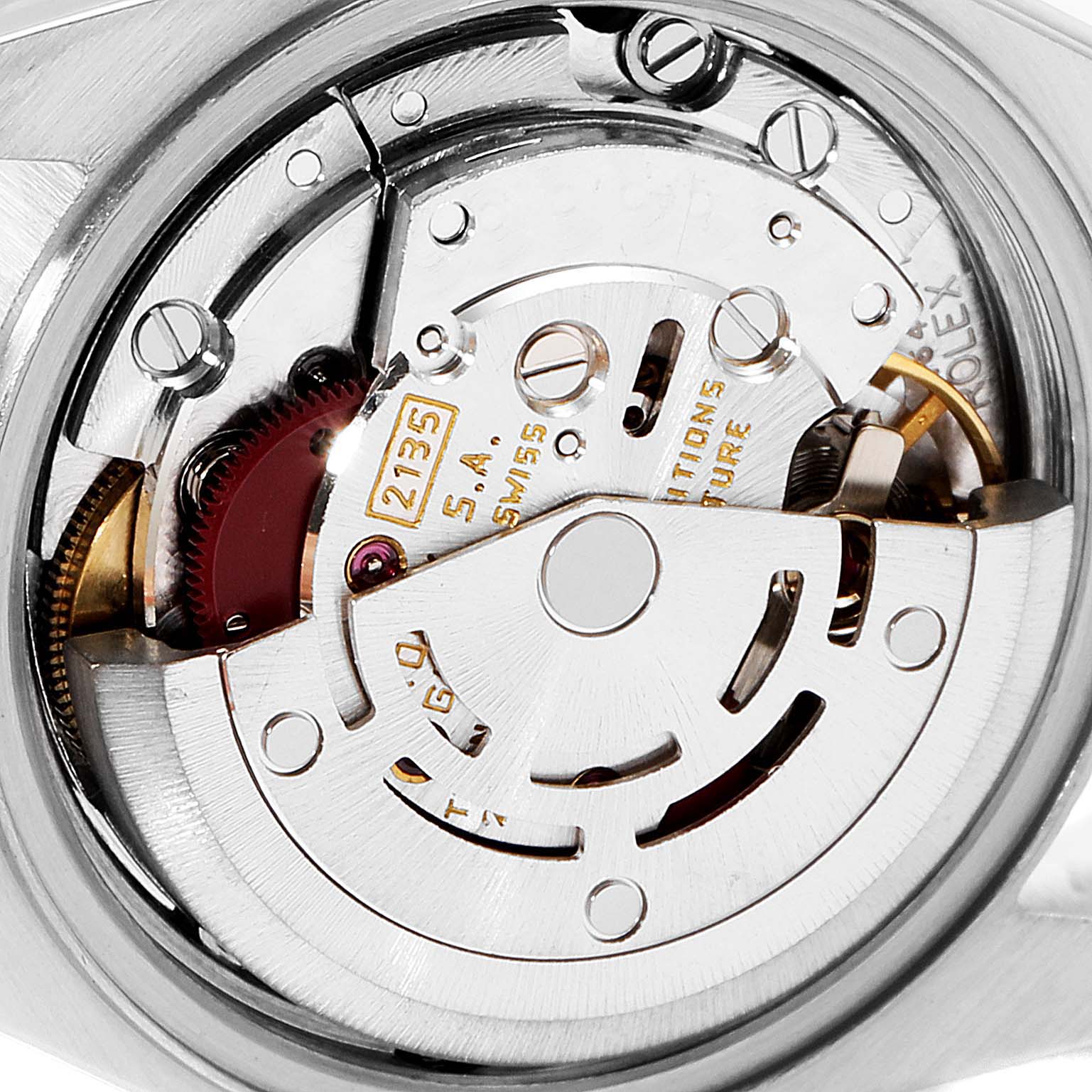 This image shows the internal mechanism of a Rolex Datejust 69173 Women's Steel and Gold (two tone) Champagne Dial 69173 Women's Steel and Gold (two tone) Champagne Dial watch from a close-up, rear angle, highlighting its intricate movement components.