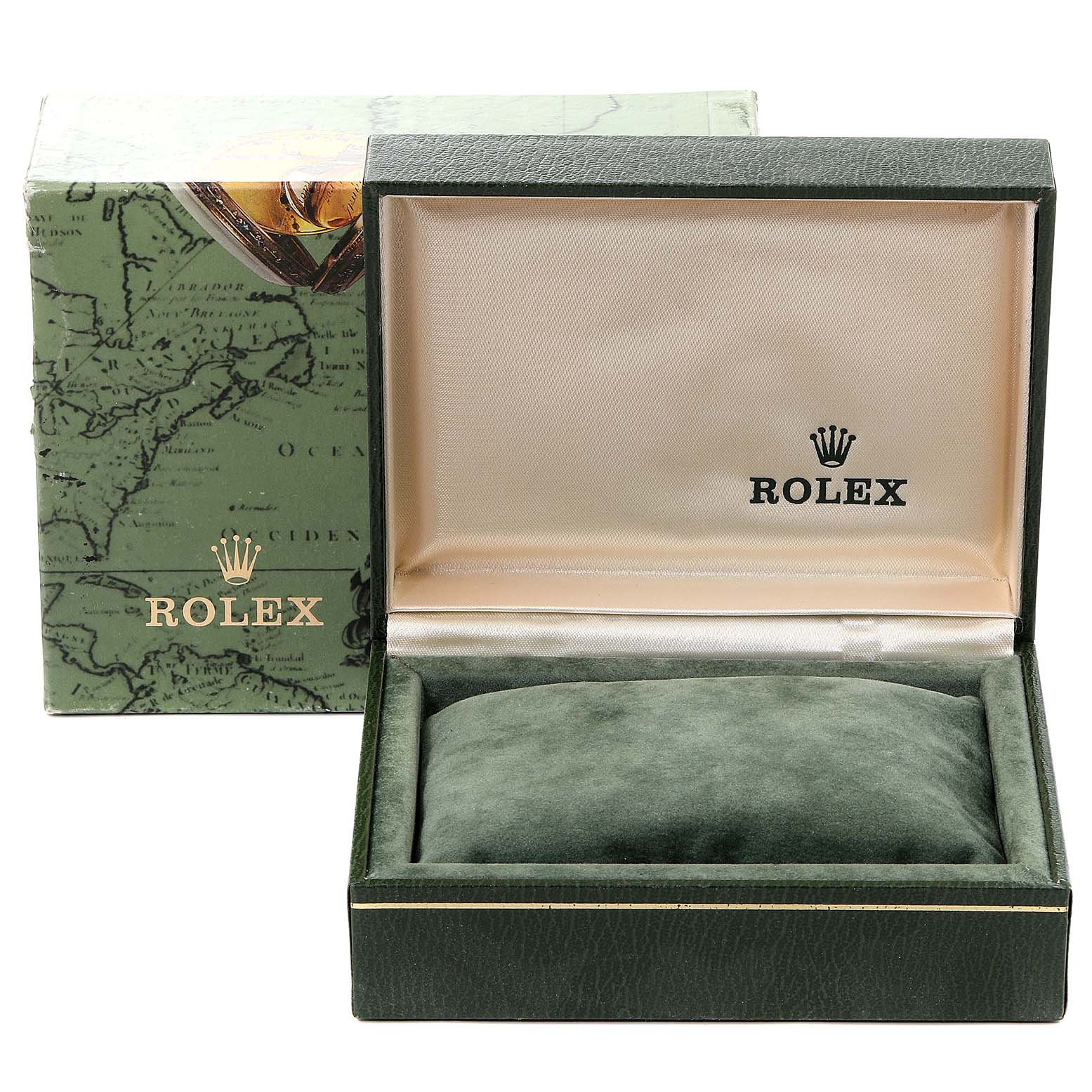 The image displays an open green Rolex Datejust 69173 Women's Steel and Gold (two tone) Champagne Dial 69173 Women's Steel and Gold (two tone) Champagne Dial watch box with a pillow cushion, and the exterior box featuring a map design.