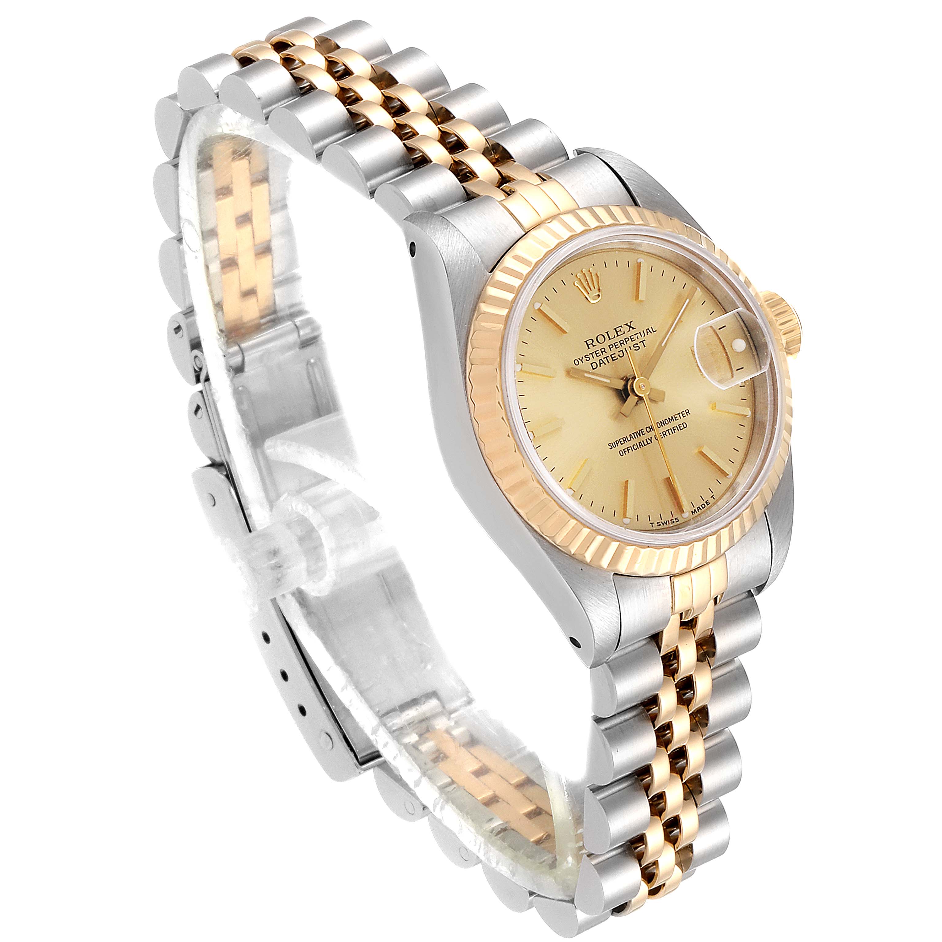 This image shows a Rolex Datejust 69173 Women's Steel and Gold (two tone) Champagne Dial 69173 Women's Steel and Gold (two tone) Champagne Dial model watch viewed at an angle featuring its face, bezel, crown, and two-tone bracelet.