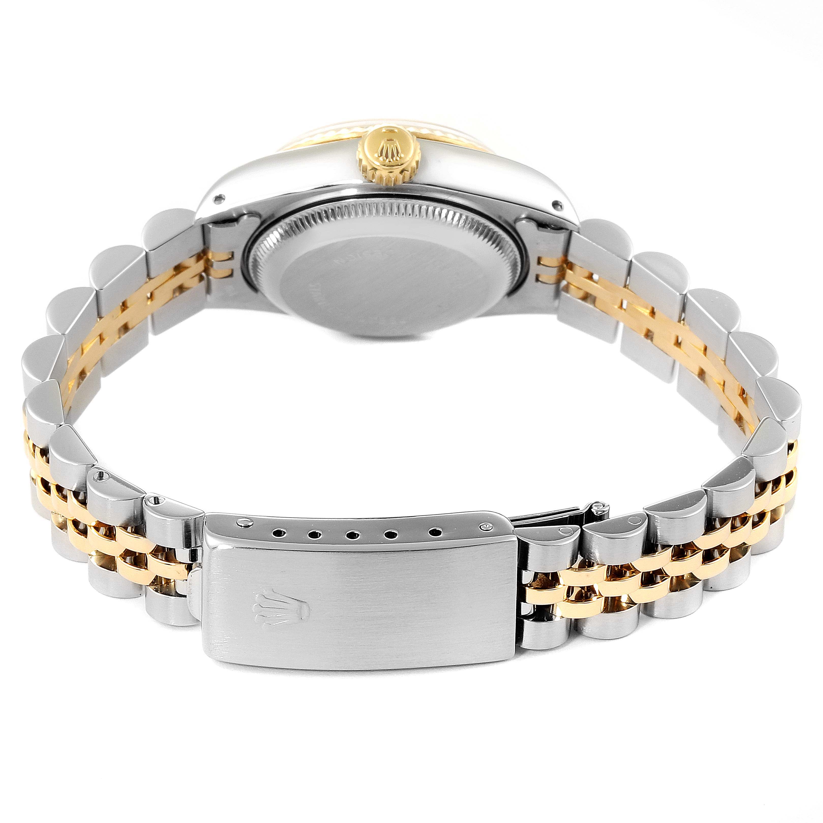 The image shows the Rolex Datejust 69173 Women's Steel and Gold (two tone) Champagne Dial 69173 Women's Steel and Gold (two tone) Champagne Dial watch from the back, highlighting the bracelet and clasp.
