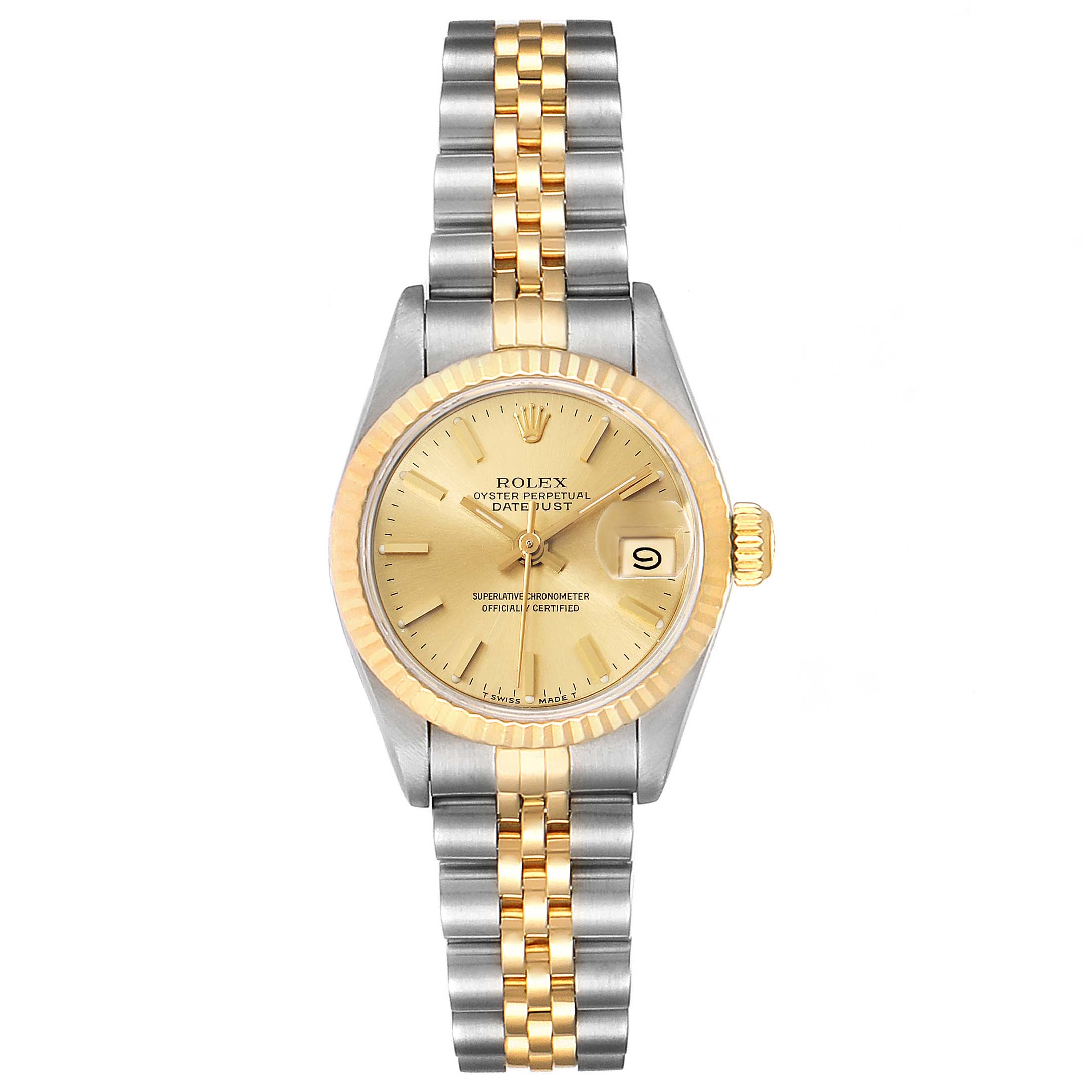 The image shows a Rolex Datejust 69173 Women's Steel and Gold (two tone) Champagne Dial 69173 Women's Steel and Gold (two tone) Champagne Dial watch from a top view highlighting its gold and silver jubilee bracelet, bezel, and dial.