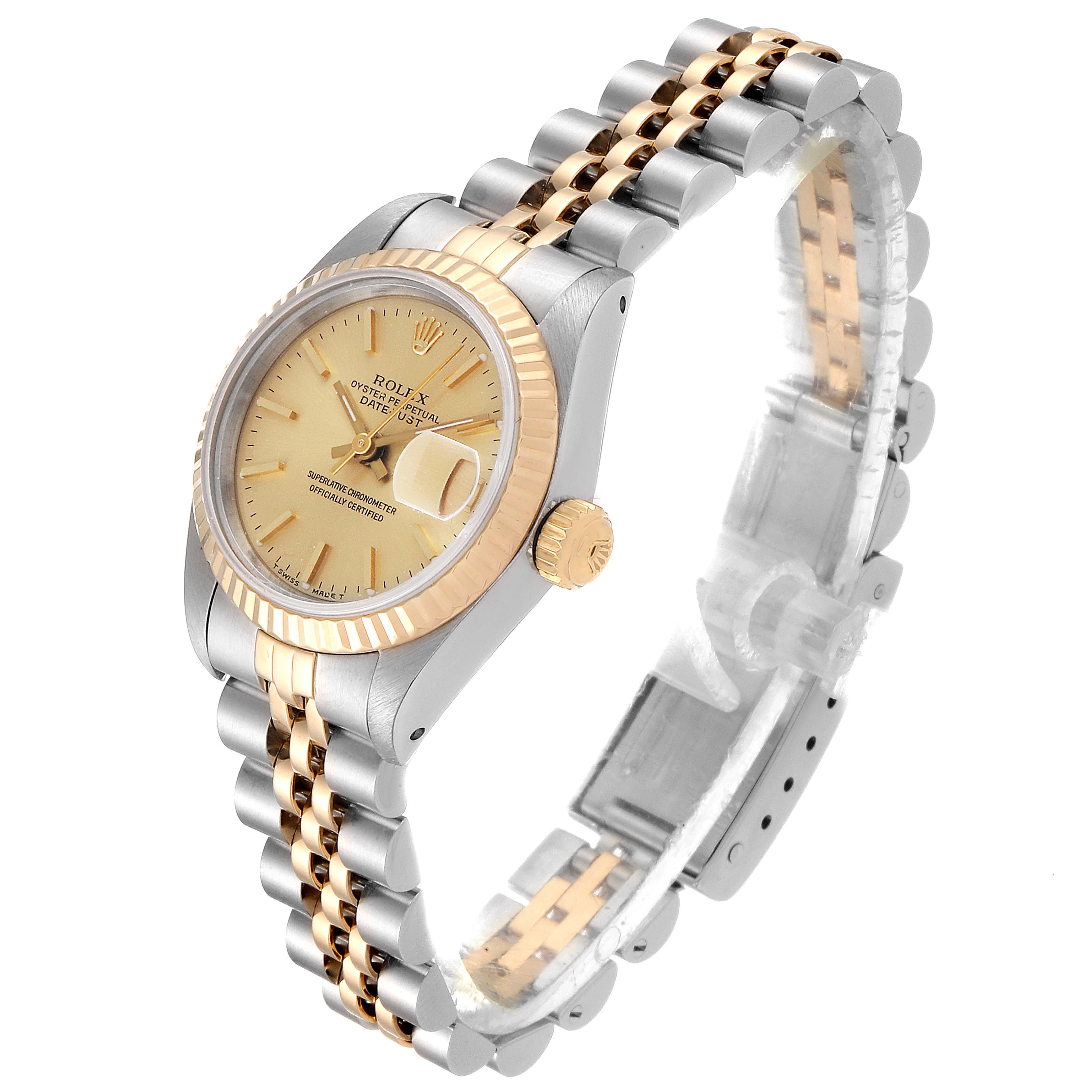 The image shows a Rolex Datejust 69173 Women's Steel and Gold (two tone) Champagne Dial 69173 Women's Steel and Gold (two tone) Champagne Dial watch at a slight side angle, highlighting its dial, bezel, crown, and bracelet.