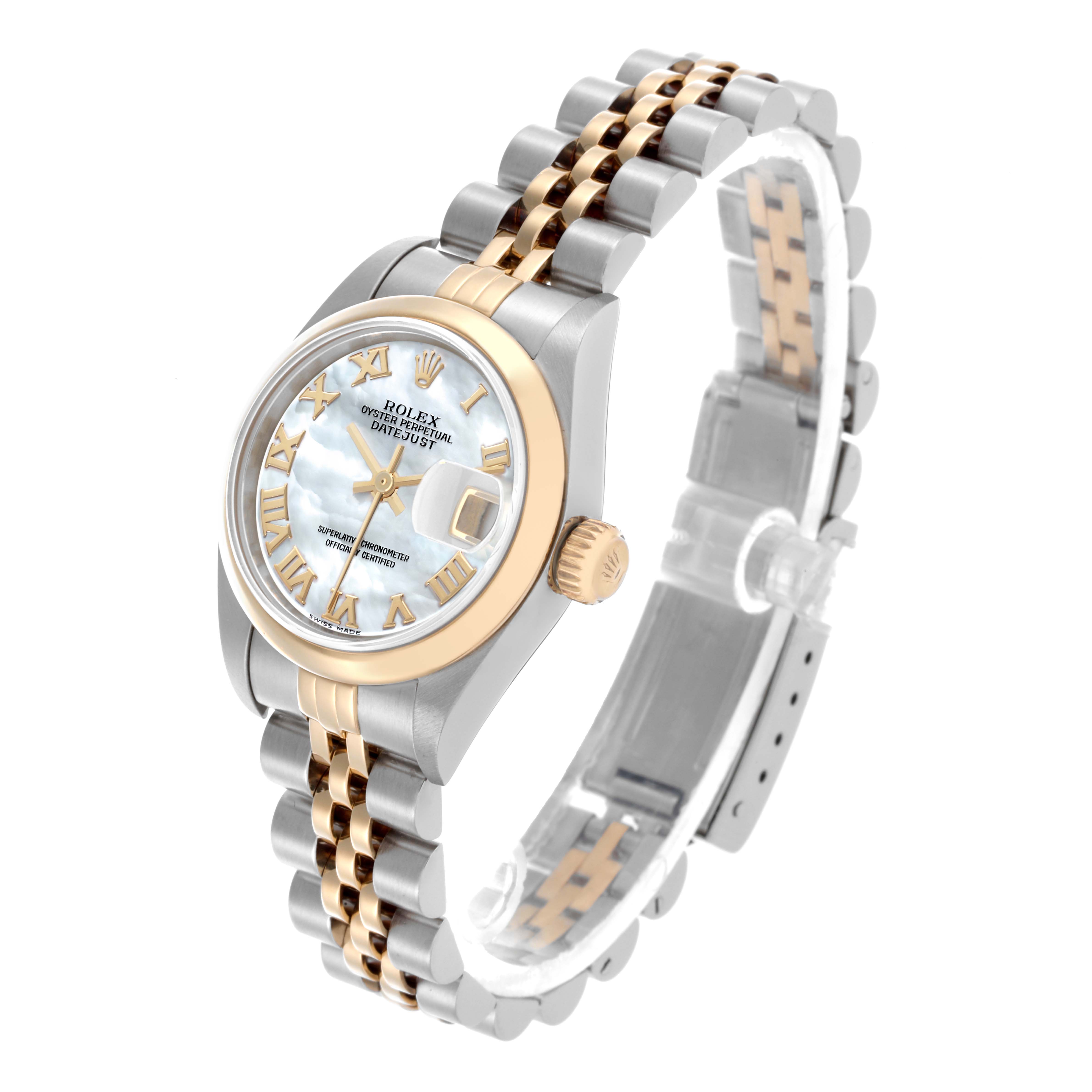 The image shows a Rolex Datejust 79163 Women's Steel and Gold (two tone) Mother of Pearl Dial 79163 Women's Steel and Gold (two tone) Mother of Pearl Dial watch at a three-quarter angle, highlighting its face, bezel, and Jubilee bracelet.