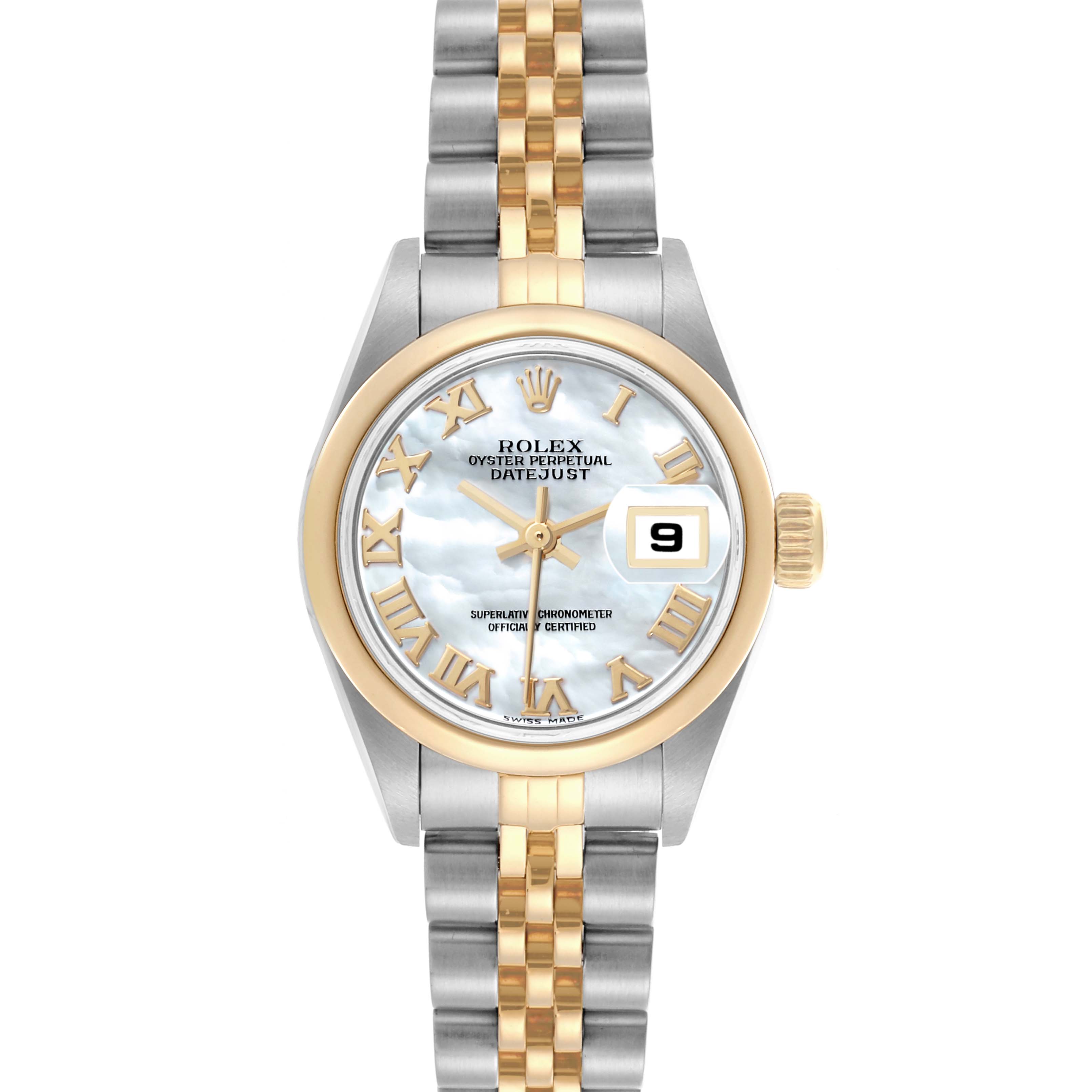 The Rolex Datejust 79163 Women's Steel and Gold (two tone) Mother of Pearl Dial 79163 Women's Steel and Gold (two tone) Mother of Pearl Dial watch is shown from a front angle, displaying the dial, bezel, and mixed-metal bracelet.
