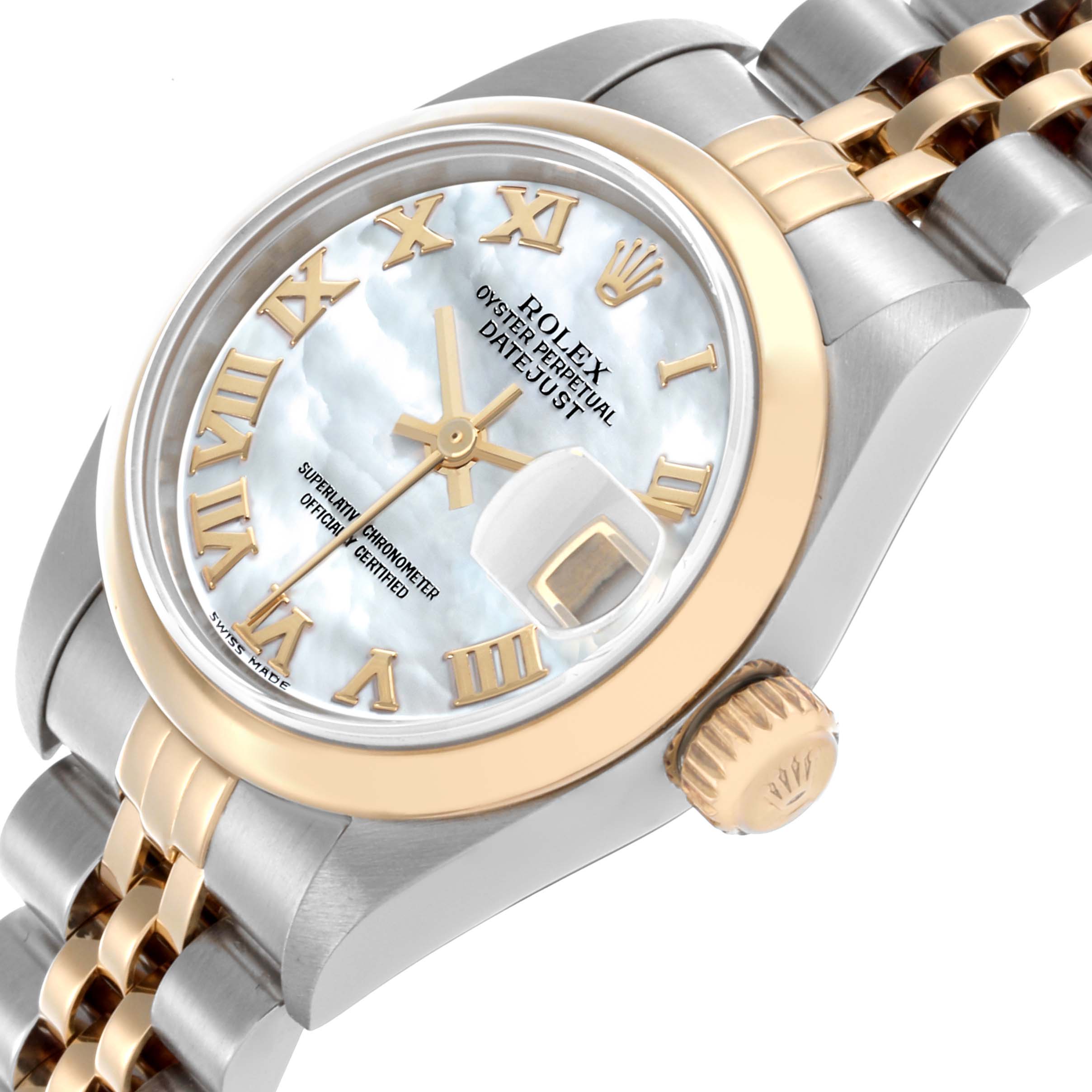 The Rolex Datejust 79163 Women's Steel and Gold (two tone) Mother of Pearl Dial 79163 Women's Steel and Gold (two tone) Mother of Pearl Dial watch is angled to show the front dial, bezel, and part of the two-tone bracelet and crown.