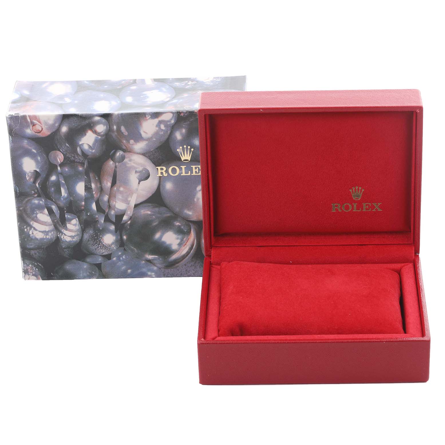 The image shows a Rolex Datejust 79163 Women's Steel and Gold (two tone) Mother of Pearl Dial 79163 Women's Steel and Gold (two tone) Mother of Pearl Dial watch box and outer packaging from a front angle, highlighting the box's interior and logo.