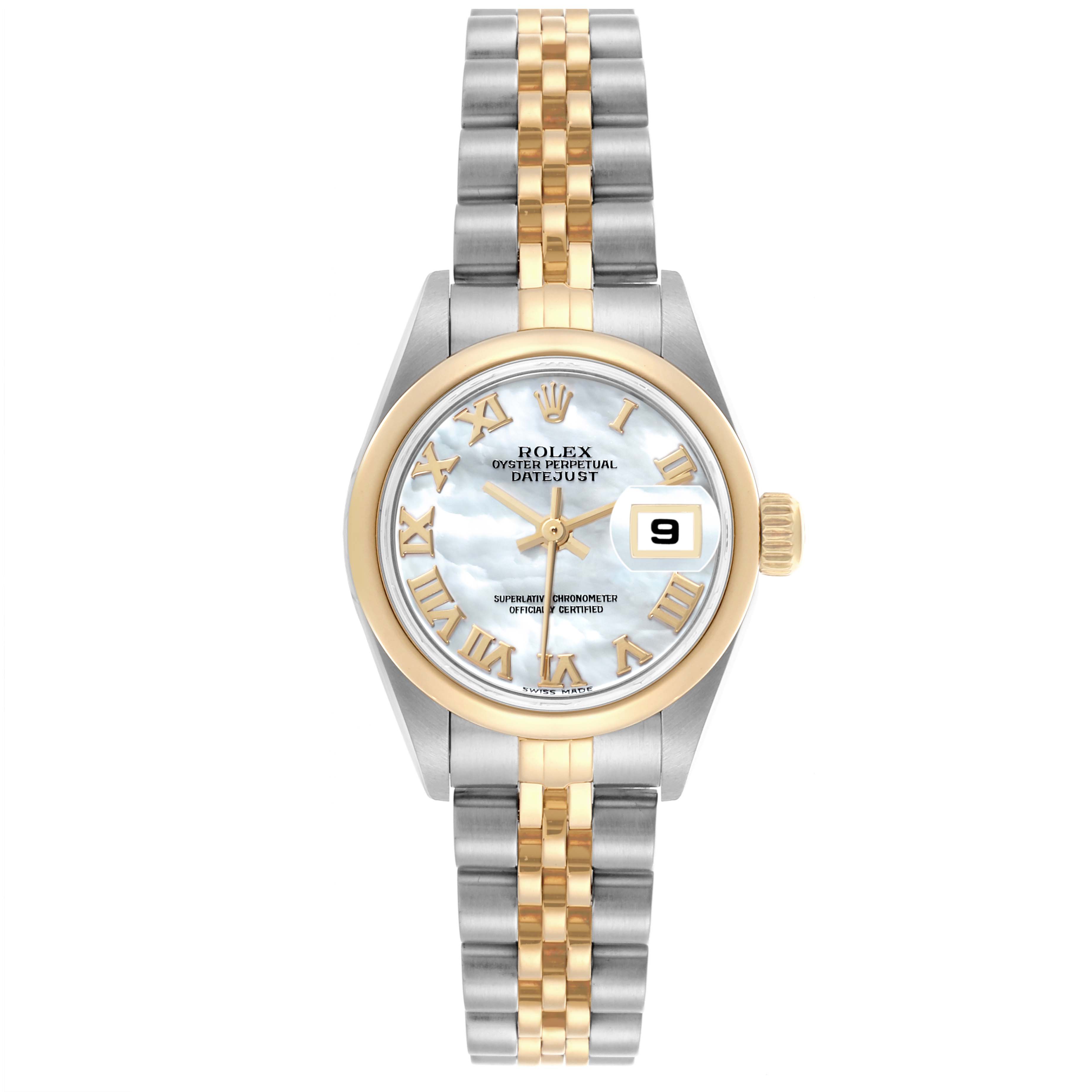 The Rolex Datejust 79163 Women's Steel and Gold (two tone) Mother of Pearl Dial 79163 Women's Steel and Gold (two tone) Mother of Pearl Dial watch is shown from the front, displaying the dial, bezel, case, and bracelet.
