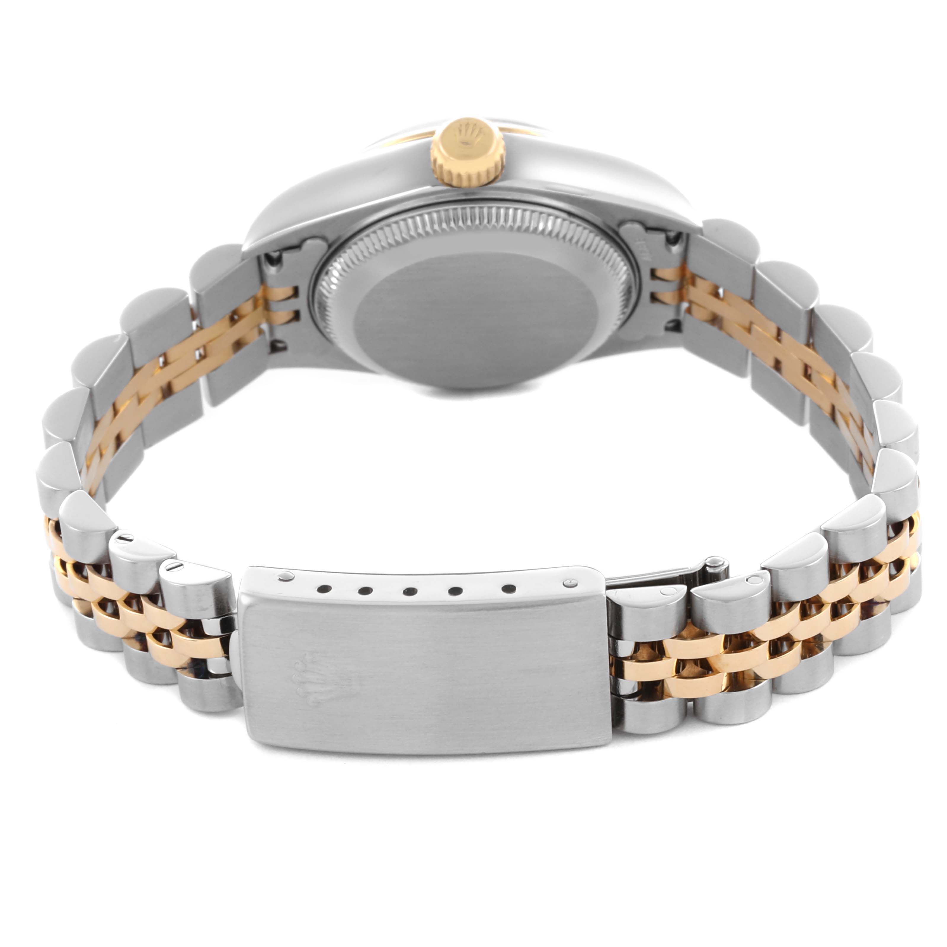 The image shows the back and sides of a Rolex Datejust 79163 Women's Steel and Gold (two tone) Mother of Pearl Dial 79163 Women's Steel and Gold (two tone) Mother of Pearl Dial, highlighting the clasp, bracelet, and crown.