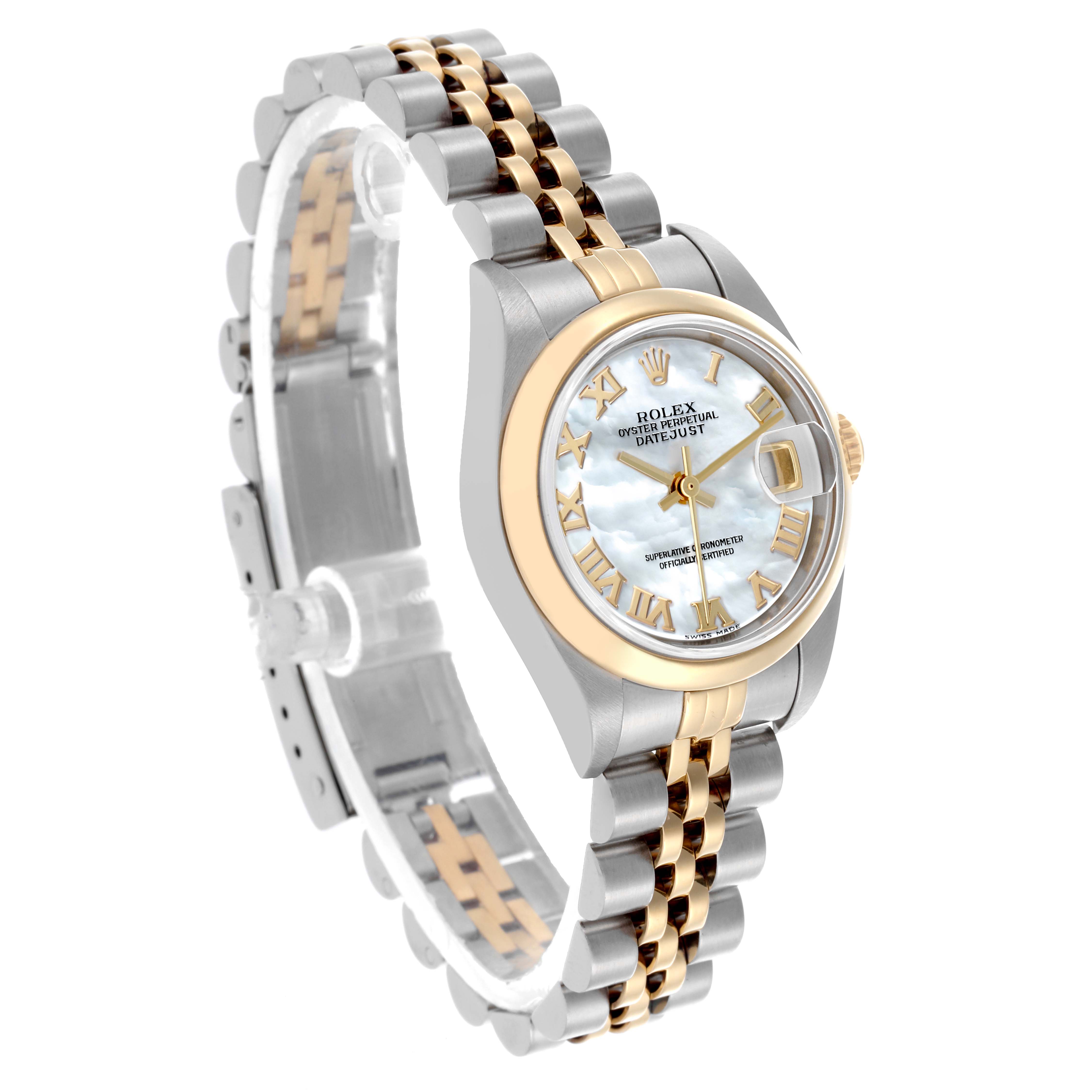 The Rolex Datejust 79163 Women's Steel and Gold (two tone) Mother of Pearl Dial 79163 Women's Steel and Gold (two tone) Mother of Pearl Dial watch is shown at an angled view, highlighting the bezel, dial, and Jubilee bracelet.