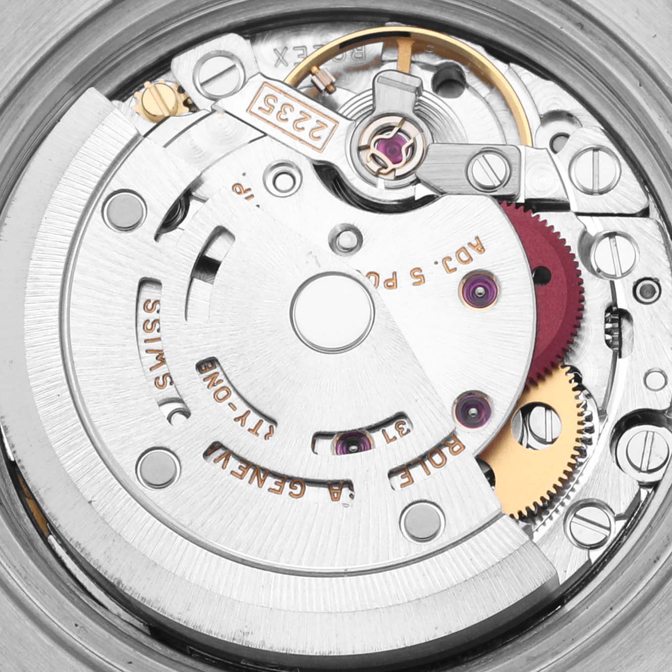 The image shows the intricate movement components of a Rolex Datejust 79163 Women's Steel and Gold (two tone) Mother of Pearl Dial 79163 Women's Steel and Gold (two tone) Mother of Pearl Dial watch from a top-down angle.