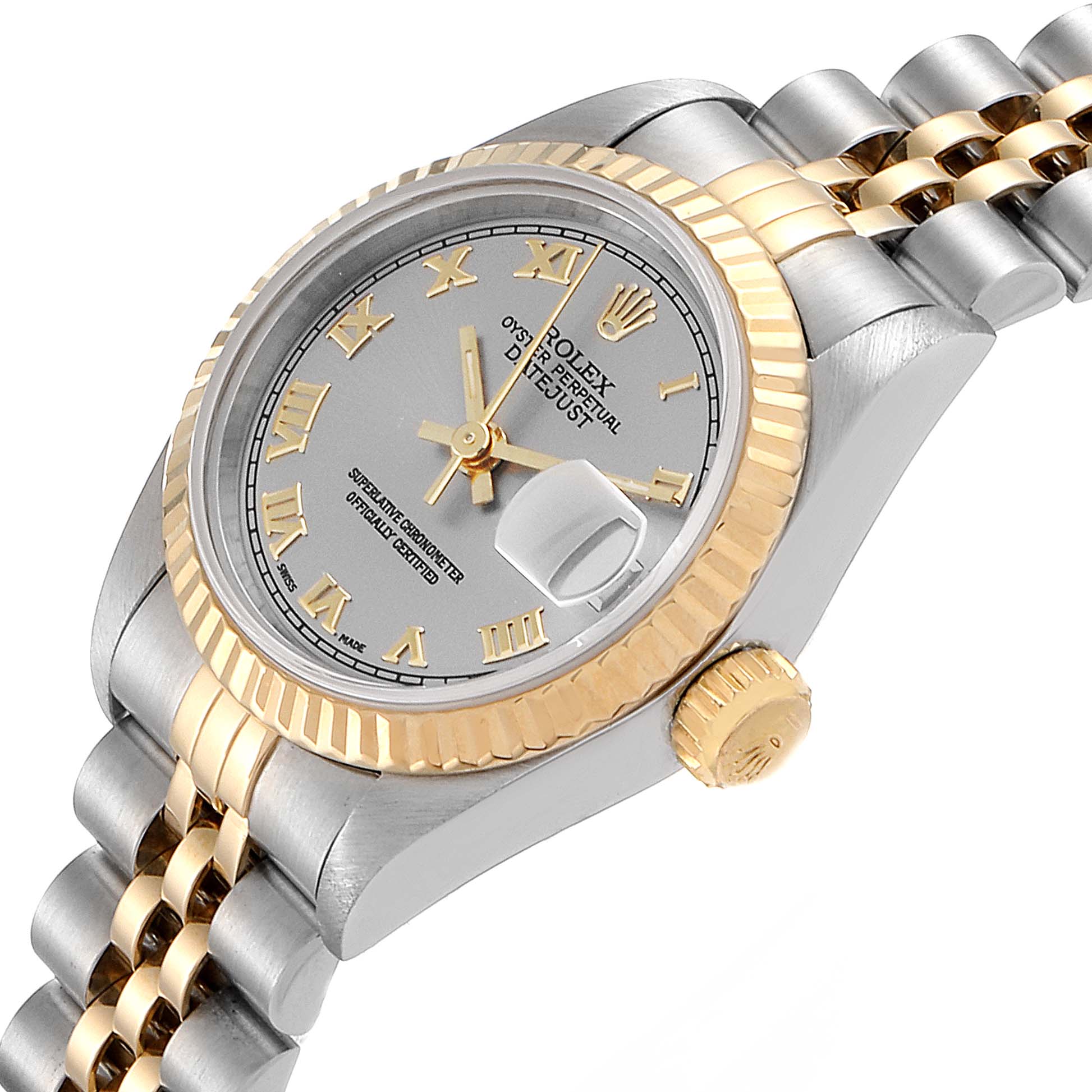 The Rolex Datejust 69173 Women
s Steel and Gold (two tone) Silver Dial 69173 Women
s Steel and Gold (two tone) Silver Dial watch is shown at an angled view, highlighting its gold bezel, silver dial, and two-tone bracelet.