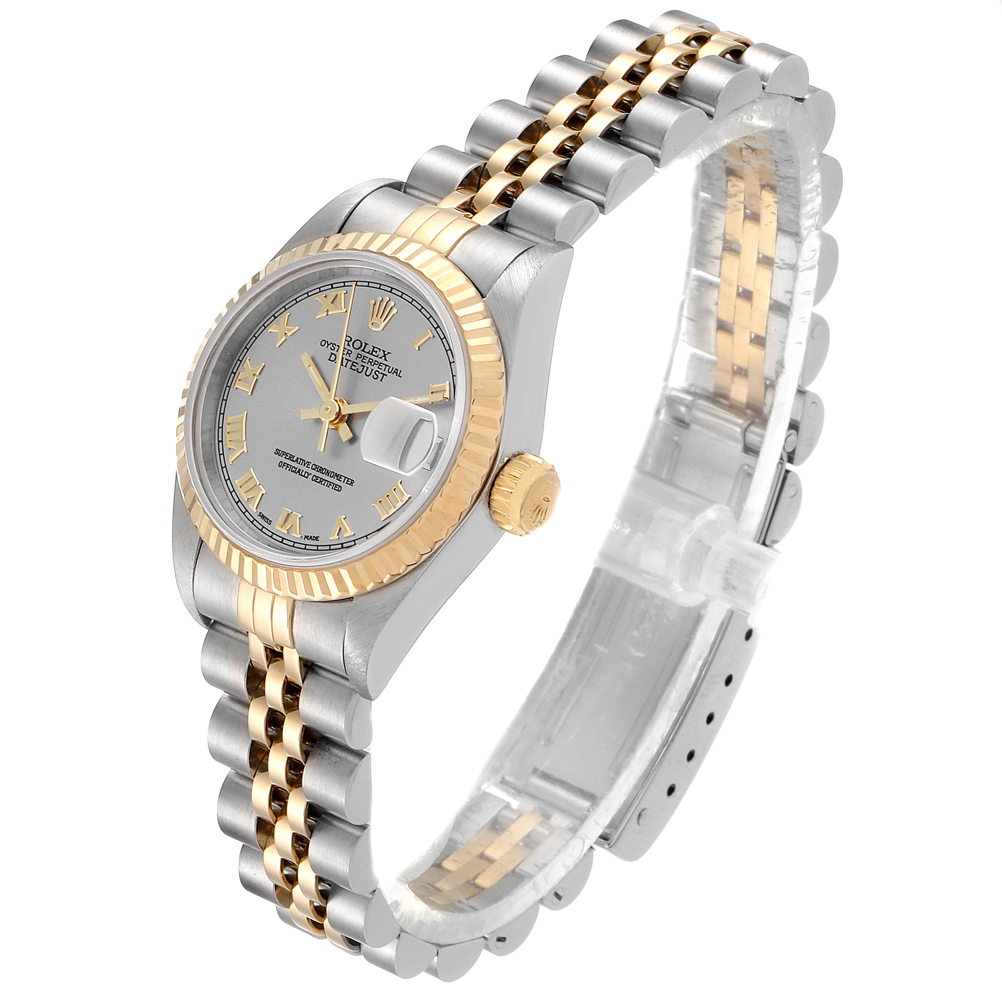 The Rolex Datejust 69173 Women
s Steel and Gold (two tone) Silver Dial 69173 Women
s Steel and Gold (two tone) Silver Dial watch is shown at an angled top-down perspective, displaying the dial, bezel, crown, and bracelet.