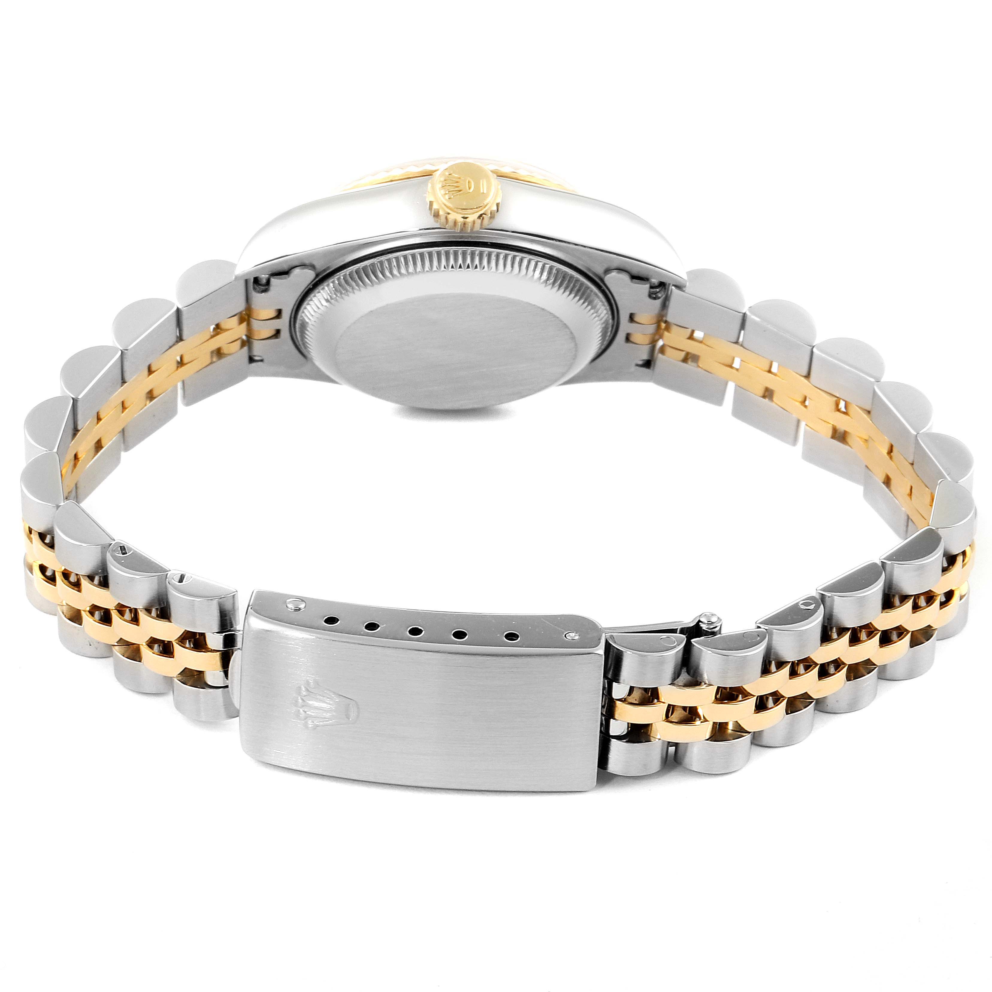 The image shows the back view of a Rolex Datejust 69173 Women
s Steel and Gold (two tone) Silver Dial 69173 Women
s Steel and Gold (two tone) Silver Dial watch, highlighting the case back, crown, and two-tone bracelet with clasp.