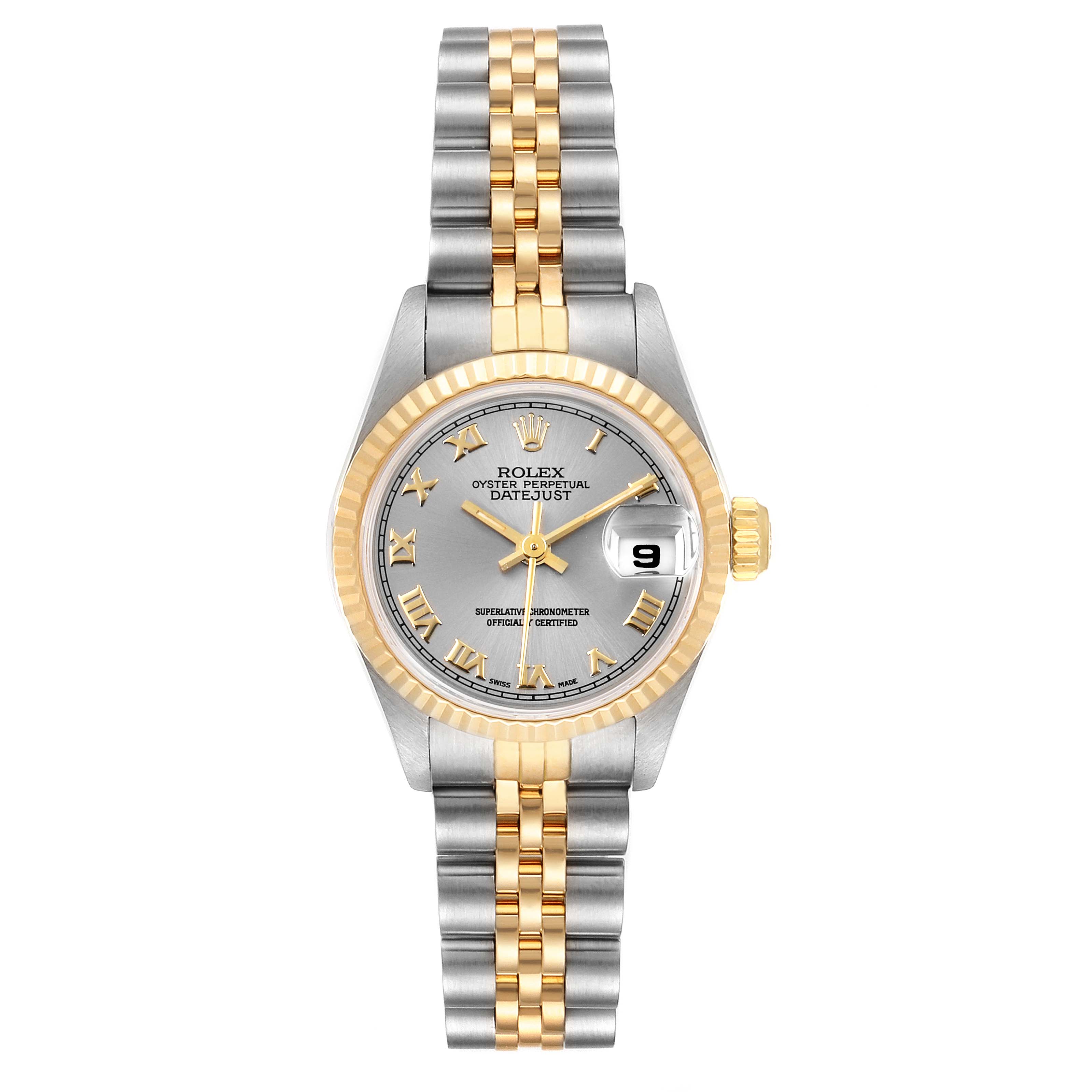 This image shows a frontal view of a Rolex Datejust 69173 Women
s Steel and Gold (two tone) Silver Dial 69173 Women
s Steel and Gold (two tone) Silver Dial model, featuring the dial, bezel, bracelet, and date indicator.