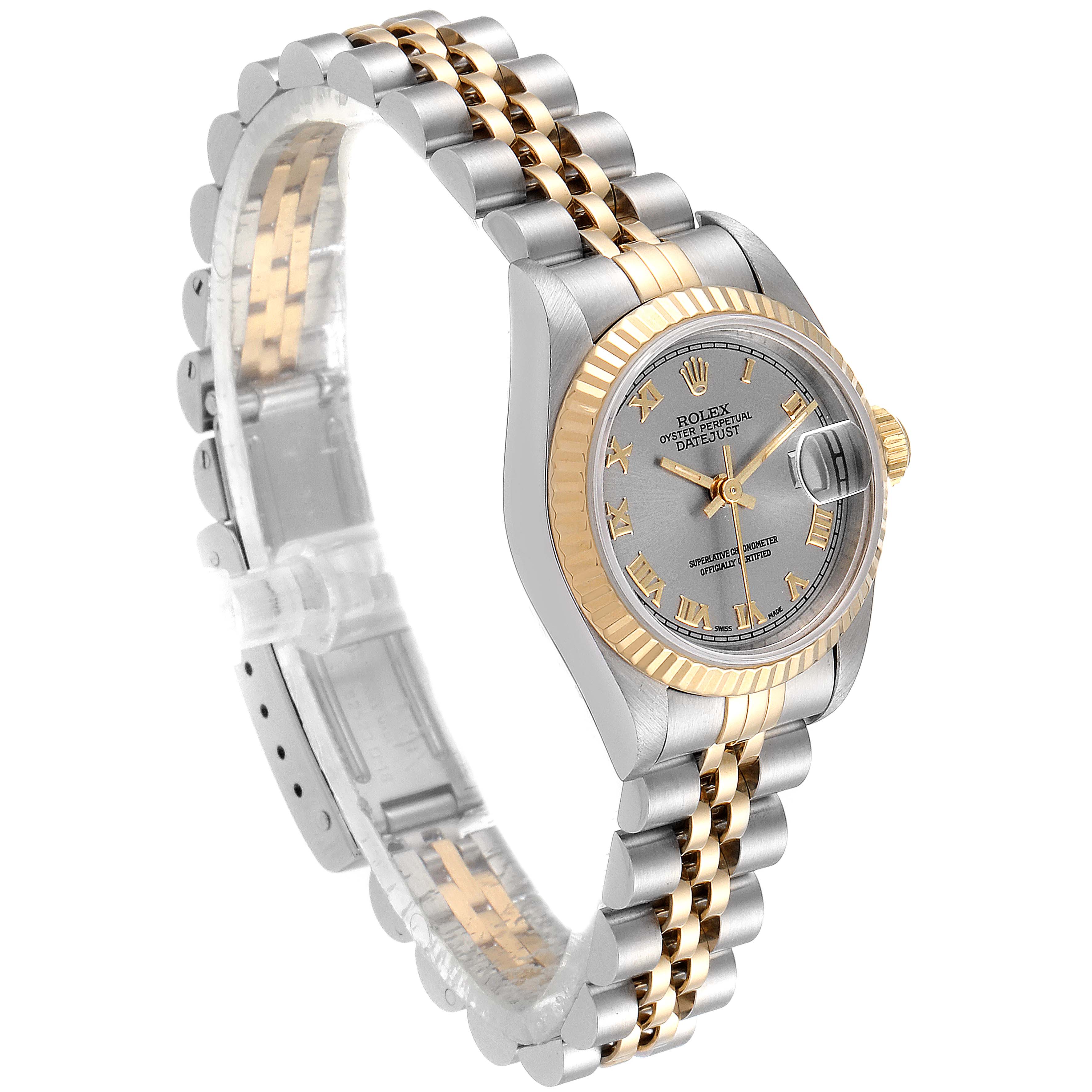 This image shows a side angle of a Rolex Datejust 69173 Women
s Steel and Gold (two tone) Silver Dial 69173 Women
s Steel and Gold (two tone) Silver Dial watch, highlighting its gold and silver metal band, bezel, and dial.