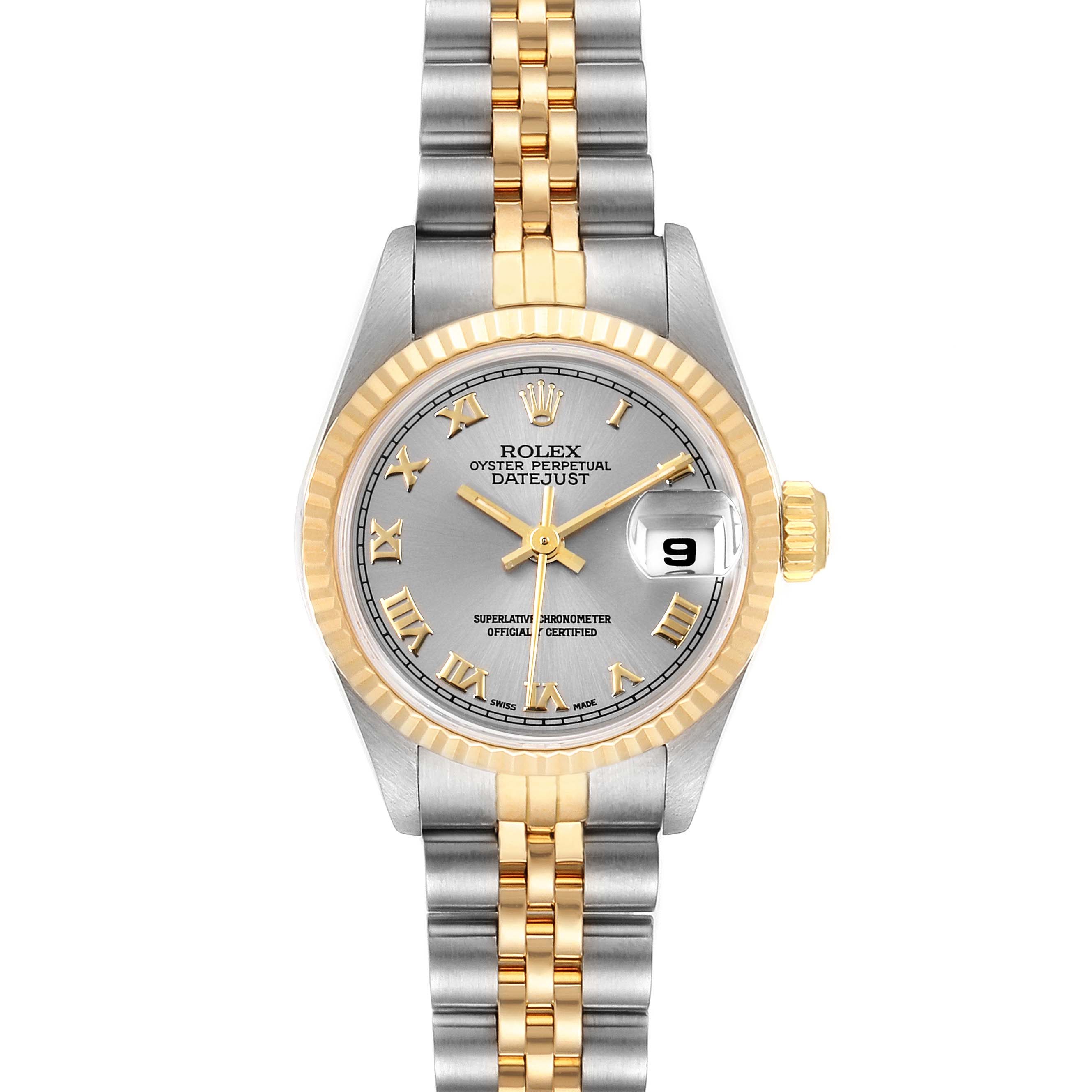 The image shows a front view of a Rolex Datejust 69173 Women
s Steel and Gold (two tone) Silver Dial 69173 Women
s Steel and Gold (two tone) Silver Dial watch, displaying its gold and silver bracelet, dial, hands, date indicator, and fluted bezel.