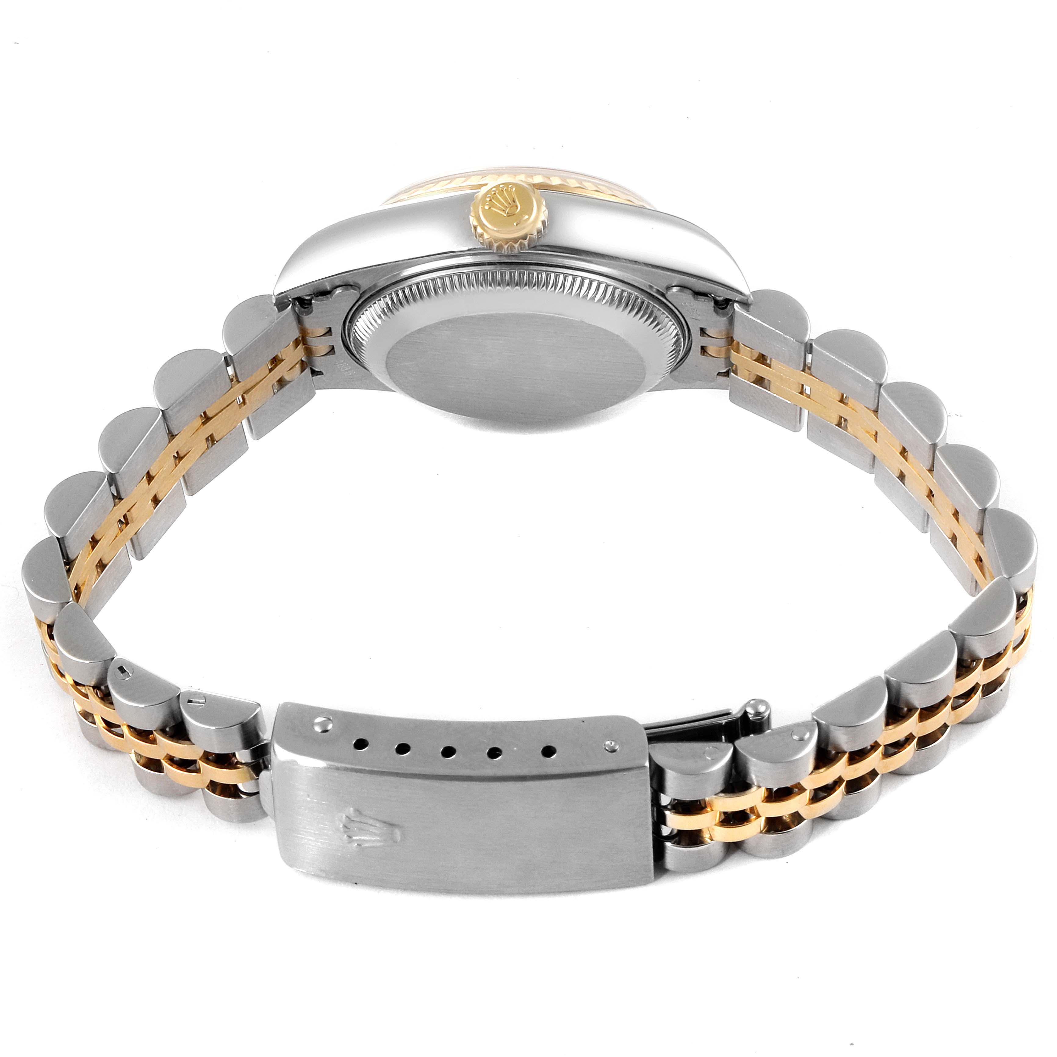 This Rolex Datejust 79173 Women
s Steel and Gold (two tone) Silver Dial 79173 Women
s Steel and Gold (two tone) Silver Dial watch is shown from the rear, featuring its case back, crown, and Jubilee bracelet.