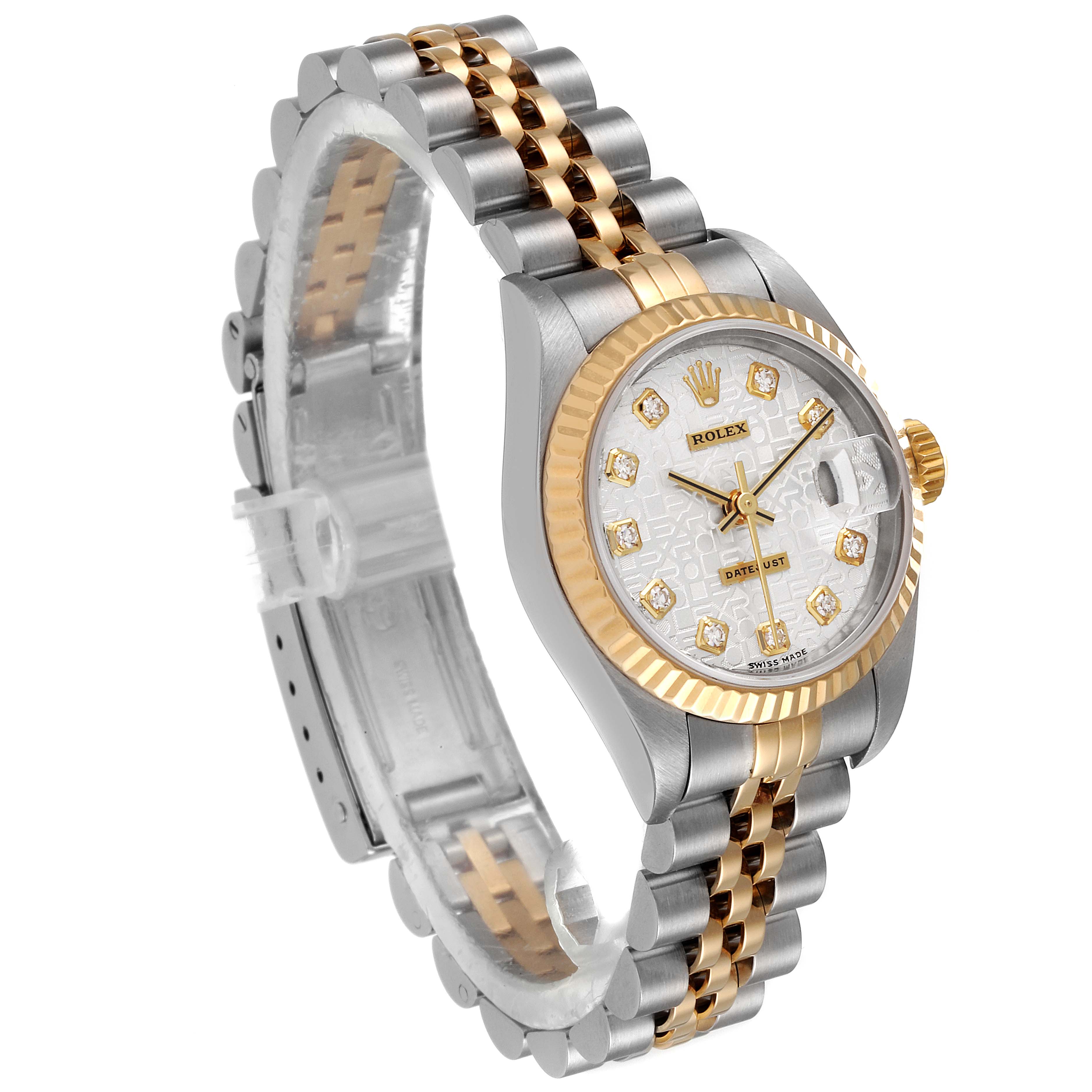 This Rolex Datejust 79173 Women
s Steel and Gold (two tone) Silver Dial 79173 Women
s Steel and Gold (two tone) Silver Dial watch is shown at a slight angle displaying the face, bracelet, and crown.