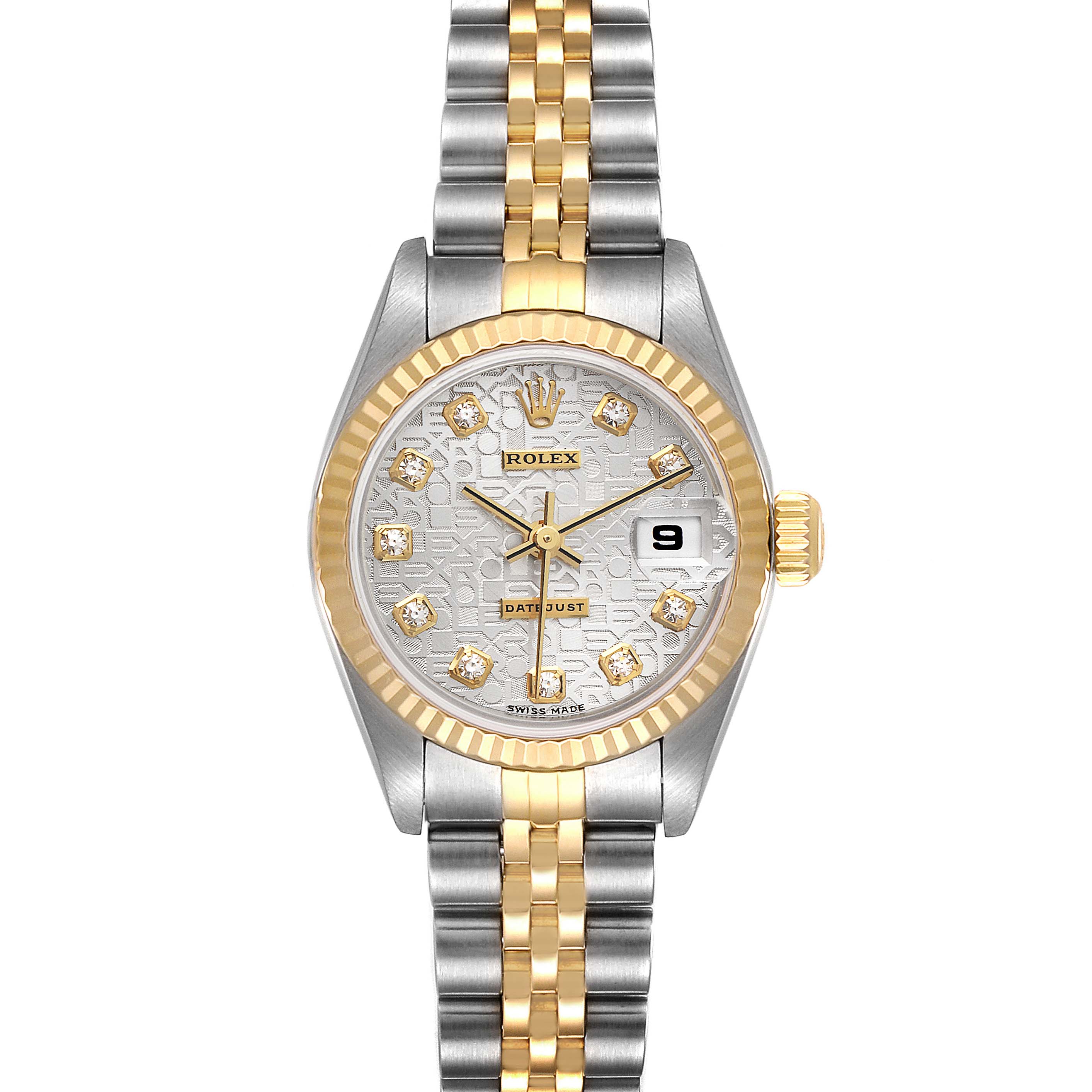 The image shows a Rolex Datejust 79173 Women
s Steel and Gold (two tone) Silver Dial 79173 Women
s Steel and Gold (two tone) Silver Dial watch from a front angle, featuring a two-tone bracelet, fluted bezel, and diamond markers.