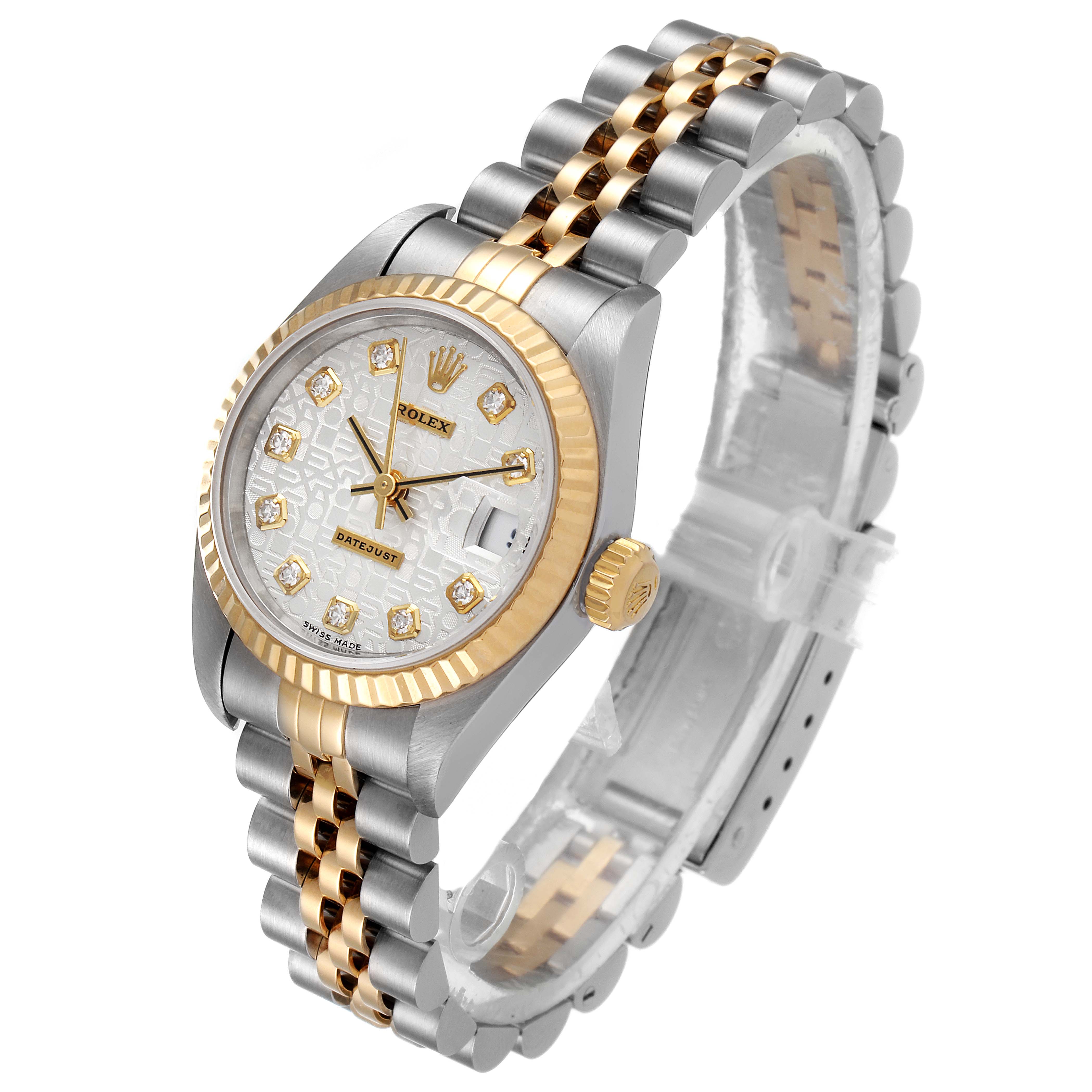 This image shows a Rolex Datejust 79173 Women
s Steel and Gold (two tone) Silver Dial 79173 Women
s Steel and Gold (two tone) Silver Dial watch at a three-quarter angle, highlighting its dial, bezel, crown, and two-tone bracelet.