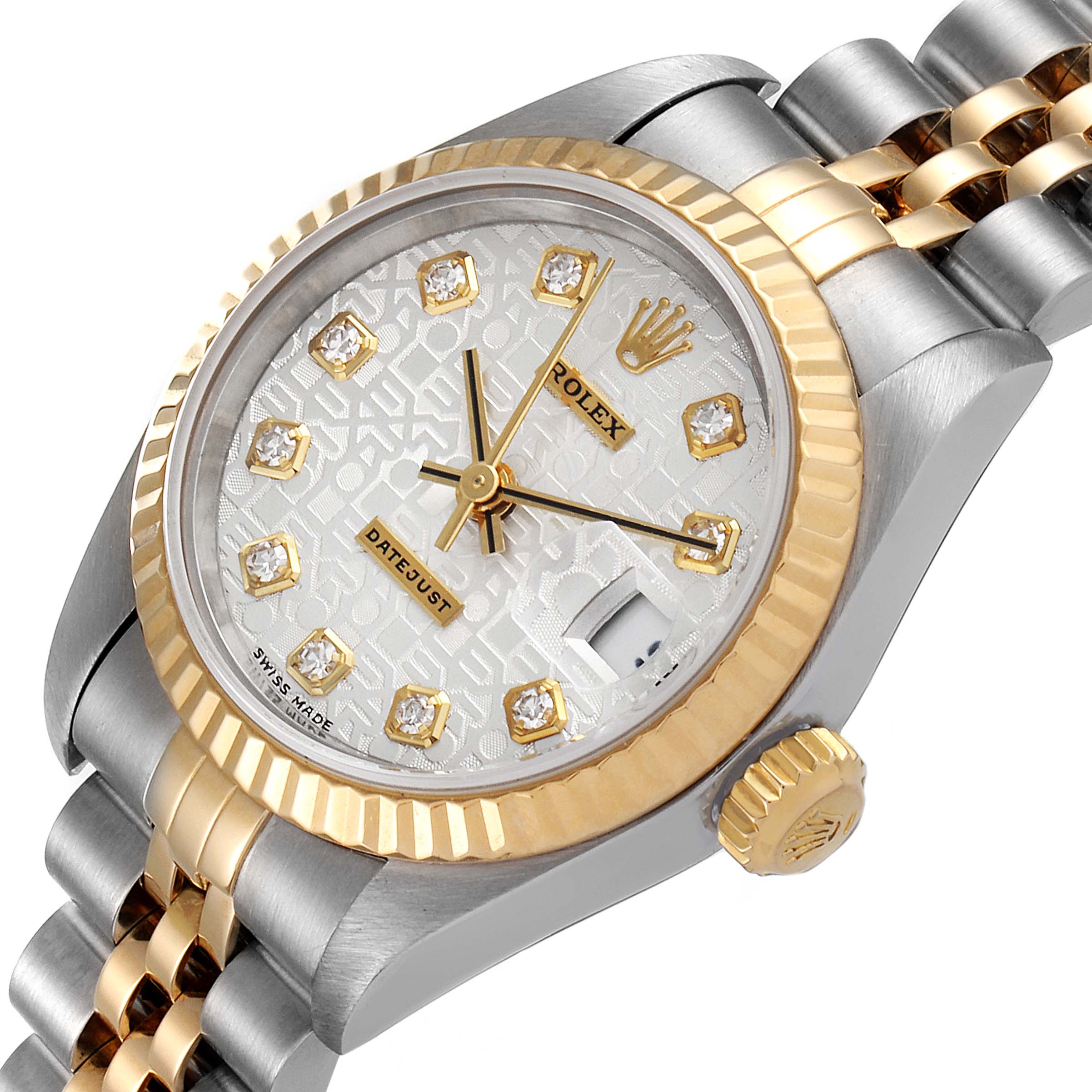 The image shows a Rolex Datejust 79173 Women
s Steel and Gold (two tone) Silver Dial 79173 Women
s Steel and Gold (two tone) Silver Dial watch from an angled perspective, featuring the dial, bezel, crown, and a portion of the bracelet.