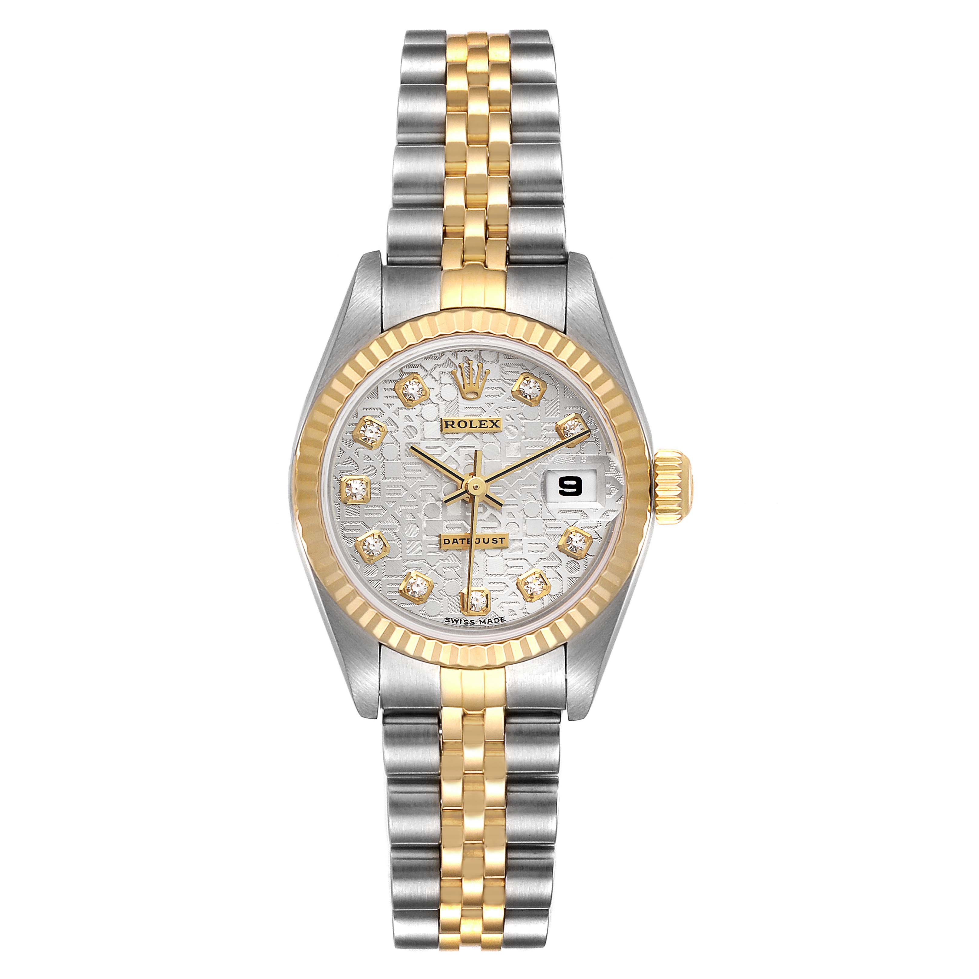 The Rolex Datejust 79173 Women
s Steel and Gold (two tone) Silver Dial 79173 Women
s Steel and Gold (two tone) Silver Dial watch is shown from a top-down angle, displaying its dual-tone bracelet, fluted bezel, and diamond hour markers.